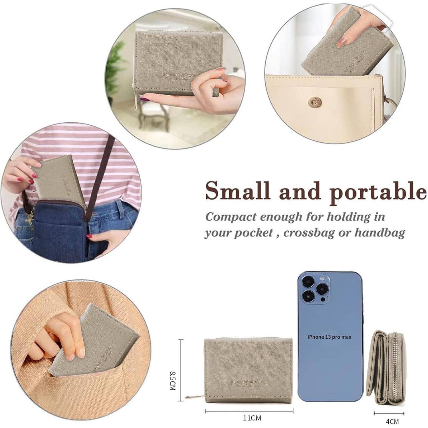 Geldbörse, die ihre kompakte Größe durch Vergleiche in einer Handtasche, Tasche und Hand präsentiert; Abmessungen betragen 11 cm x 4 cm. „Klein und tragbar."
