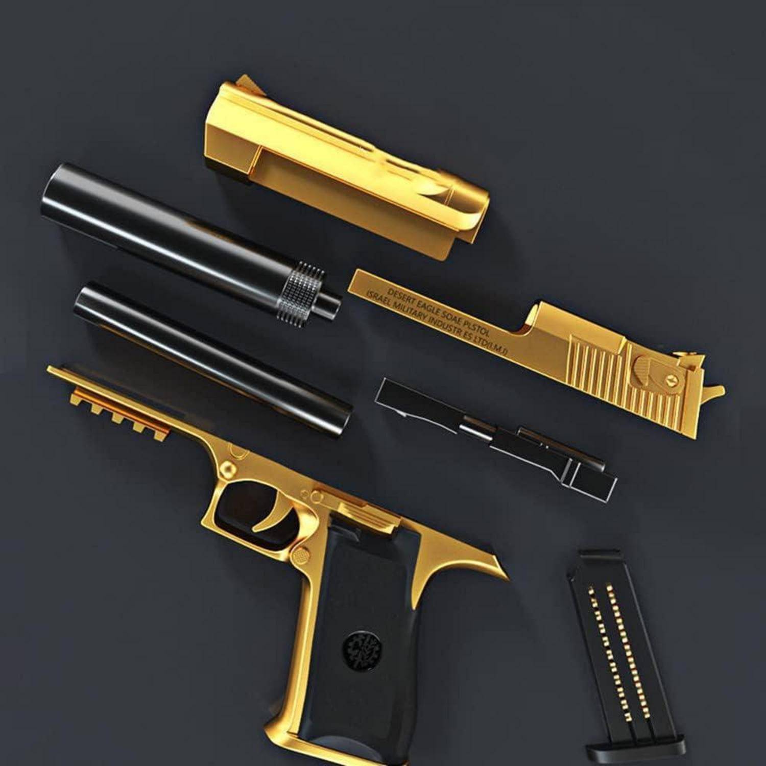 Auseinandergebaute goldene und schwarze Automatische Schusswaffe mit einem Magazin auf einer dunklen Oberfläche, wobei Lauf, Verschluss und Rahmen separat dargestellt sind.