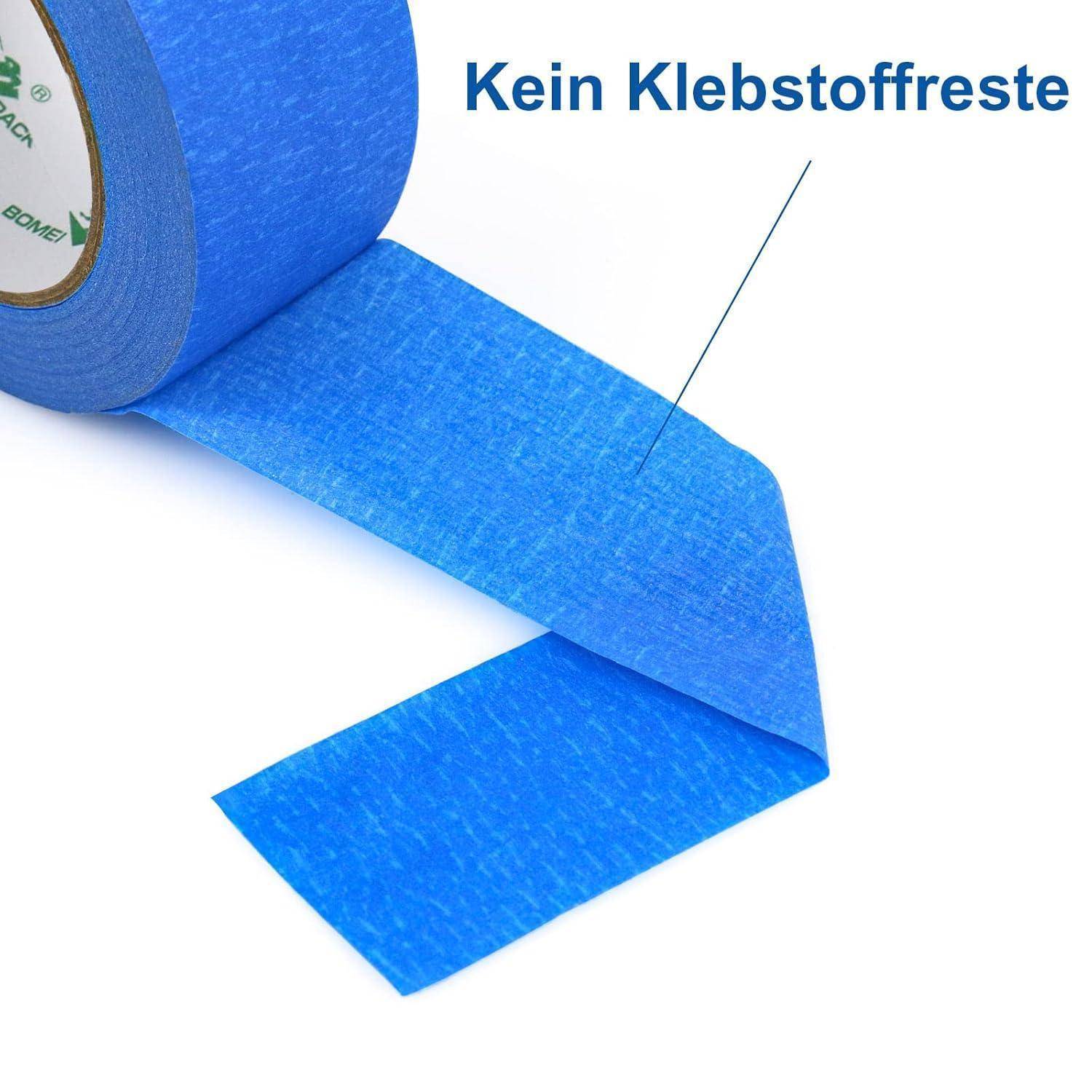 Eine Rolle breites blaues Klebeband ist teilweise abgerollt. Ein Pfeil zeigt auf das Band mit dem Text ‚Kein Klebstoffreste' und hebt hervor, dass keine Klebstoffreste verbleiben.