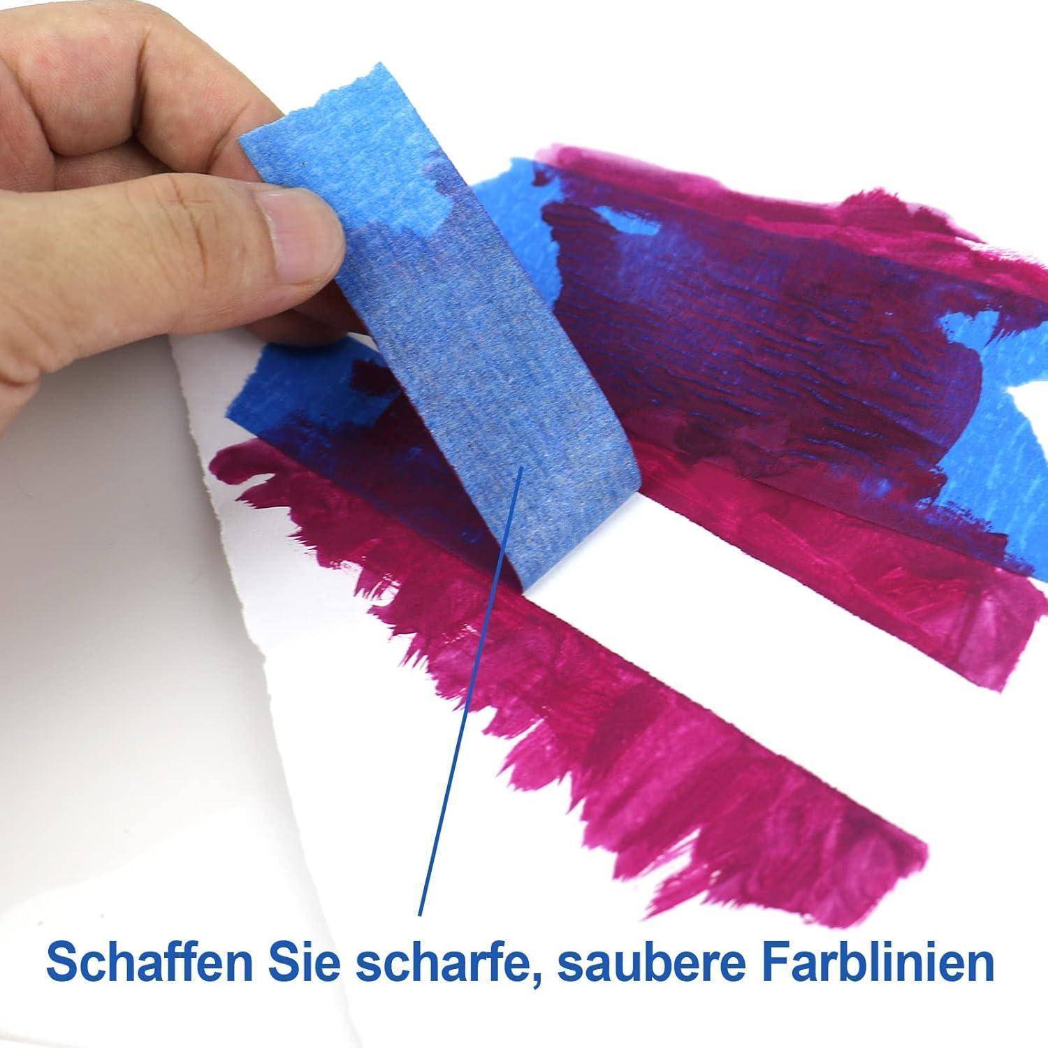 Eine Hand zieht blaues Abdeckband von Papier und enthüllt saubere Farbkanten in Rot und Blau. Der deutsche Text lautet: 