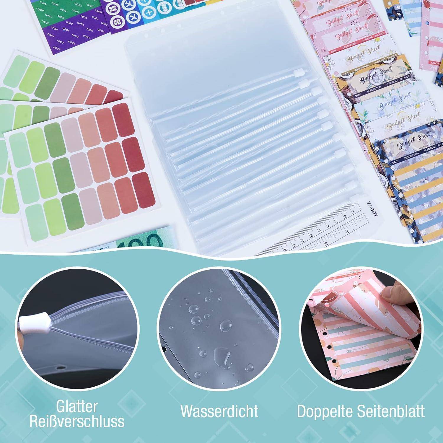 Verschiedene Schreibwaren, einschließlich bunter Sticker, eines Lineals und beschrifteter Ordner. Einschübe zeigen ‚Reißverschluss-Verschluss', ‚Wasserdicht', ‚Doppelseitiges Blatt'.