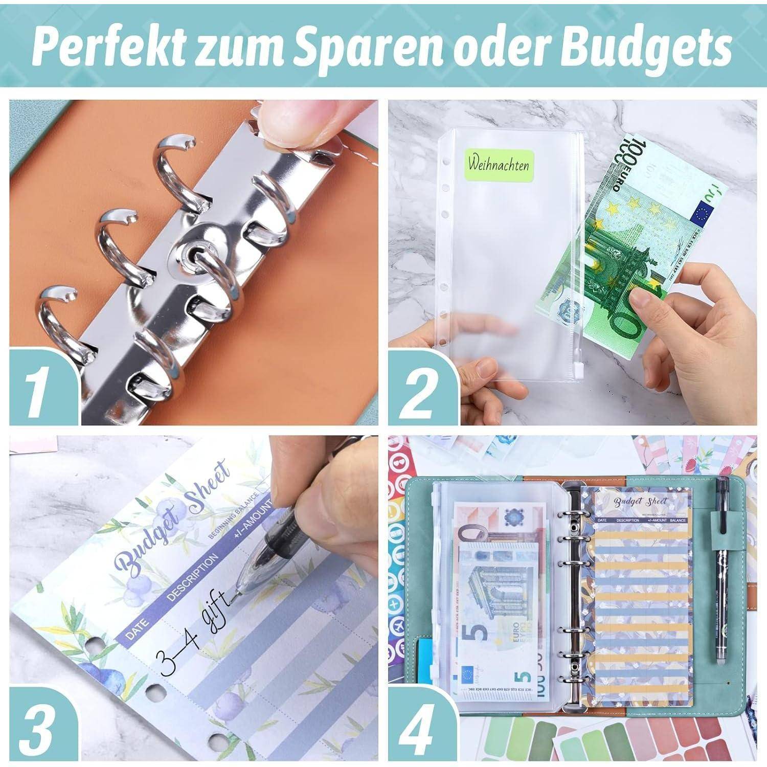 Vierschrittiger Prozess für das Budgetieren: 1. Ringbuchringe öffnen. 2. Bargeld in Umschlag mit der Aufschrift 
