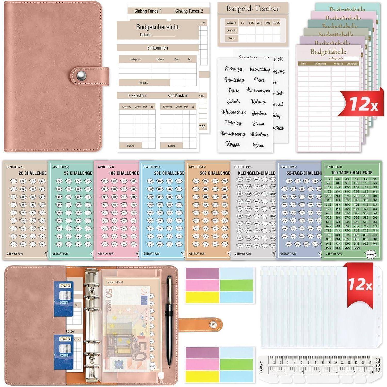 Budgetplaner-Set mit rosa Einband, Bargeld-Umschlägen, Sparherausforderungs-Trackern, Budgettabellen, Haftnotizen und einem Lineal.