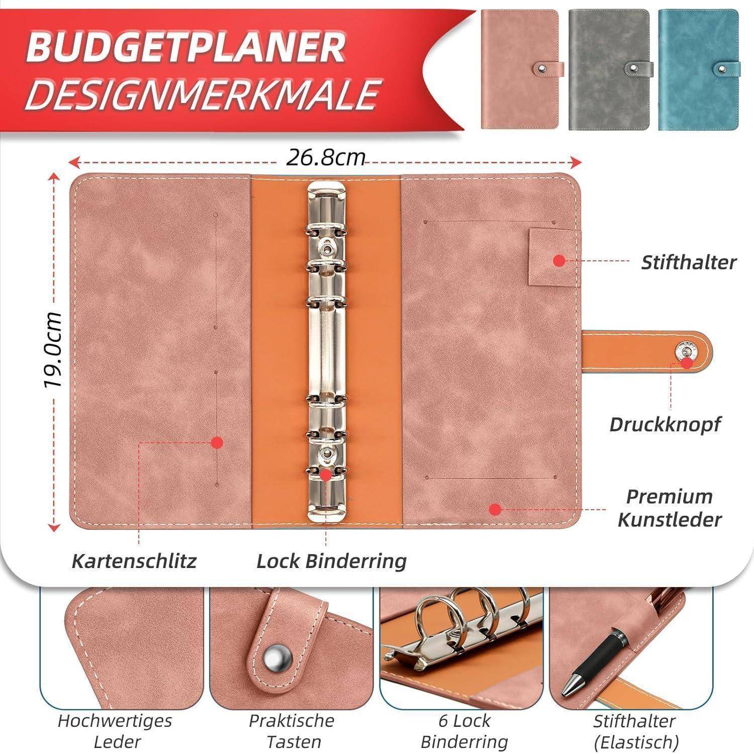 Budgetplaner Designmerkmale' zeigt einen Budgetplaner mit den Maßen 26,8 cm x 19,0 cm. Zu den Funktionen gehören Kartenfach, Stifthalter, Druckknopf, hochwertiges Kunstleder und Buchbindung mit Verschluss.