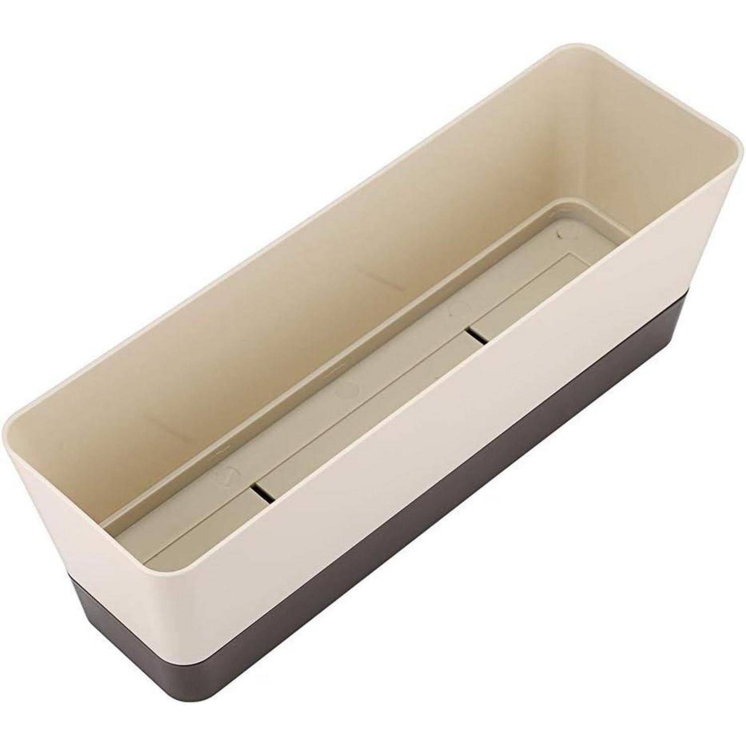 Ein rechteckiger, beige-schwarzer Kunststoffpflanztopf mit Entwässerungsschlitzen am Boden, konzipiert zum Halten und Anpflanzen von Pflanzen.