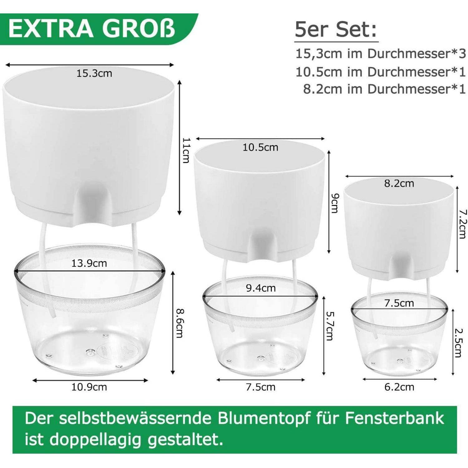 Extra groß 5er Set' von selbstbewässernden Blumentöpfen für die Fensterbank, mit den Abmessungen: 15,3 cm, 10,5 cm und 8,2 cm Durchmesser.