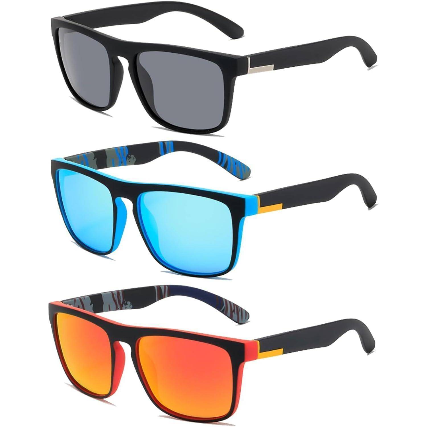 Drei Sonnenbrillen mit schwarzen Rahmen; die obere Brille hat dunkle Gläser, die mittlere blaue Gläser und die untere rot-orangefarbene Gläser.