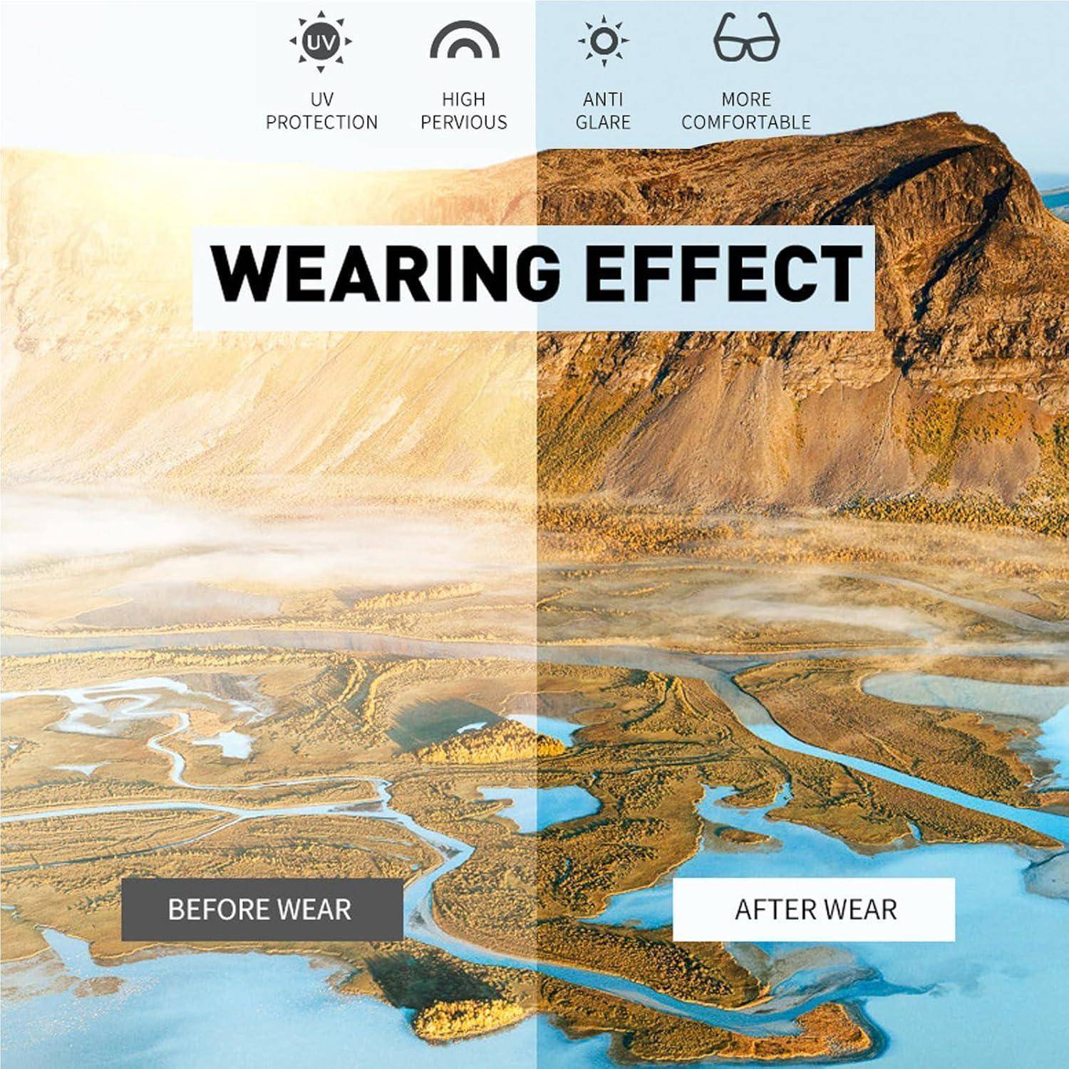Sonnenbrillenglas-Effekt-Demonstration: Linke Seite zeigt klare Sicht vor dem Tragen, rechte Seite zeigt reduzierte Blendung und verbesserte Farben nach dem Tragen mit UV-Schutz.