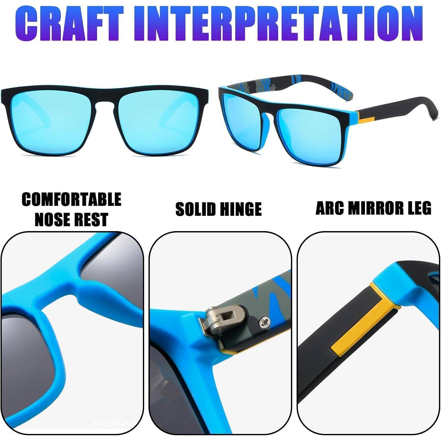 Blaue Sonnenbrille mit 'Craft Interpretation'. Merkmale: bequemer Nasenaufsatz, robustes Scharnier, gebogenes Spiegelgestell für verbesserte Tragequalität.
