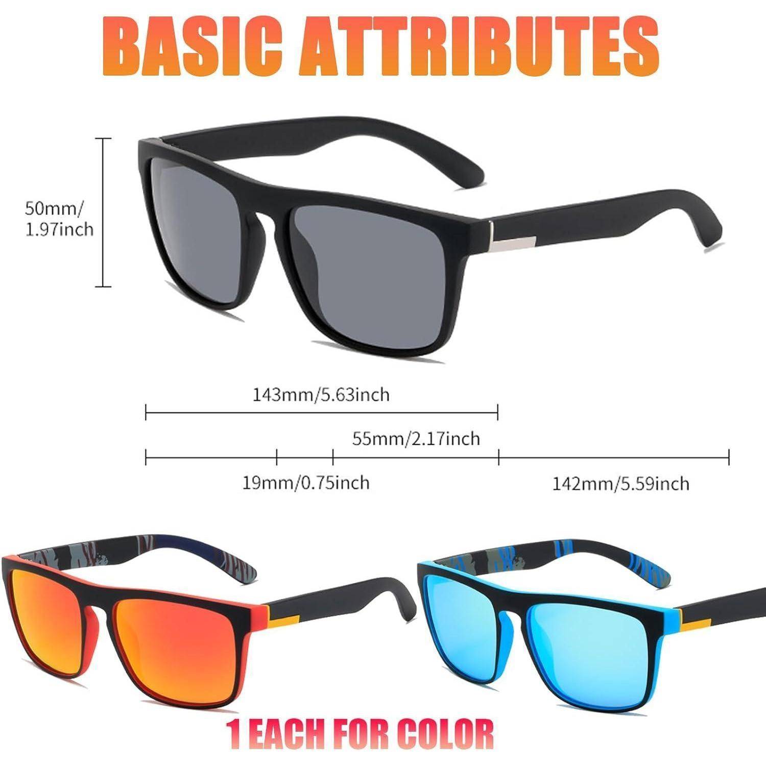 Drei Brillenpaare: schwarzer Rahmen mit Maßangaben, Sonnenbrille mit roten Spiegelgläsern und blauen Spiegelgläsern, jeweils ein Stück pro Farbe.