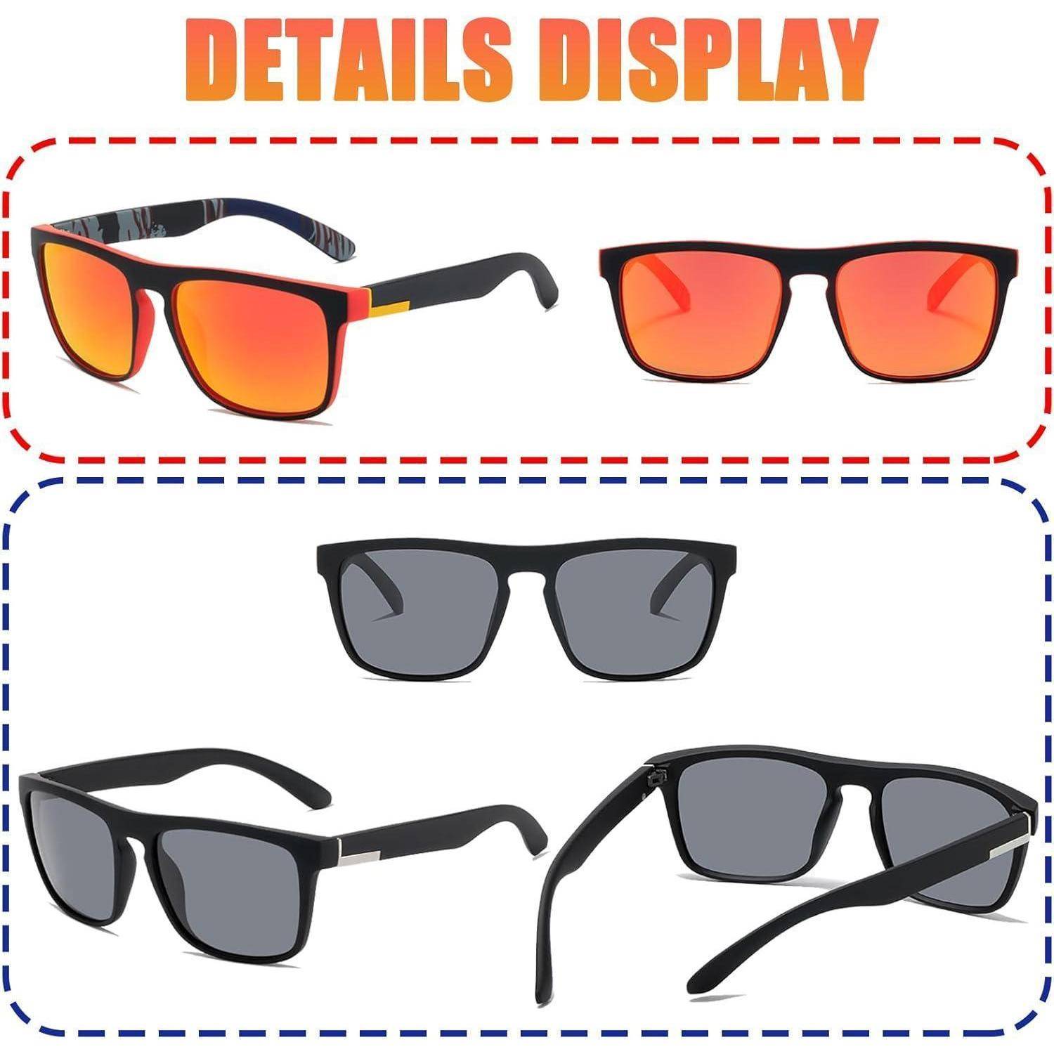 Details zur Sonnenbrille: Oben sind orangetönte Gläser mit schwarzen und orangefarbenen Rahmen zu sehen; unten sind dunkel getönte Gläser mit schwarzen Rahmen abgebildet.