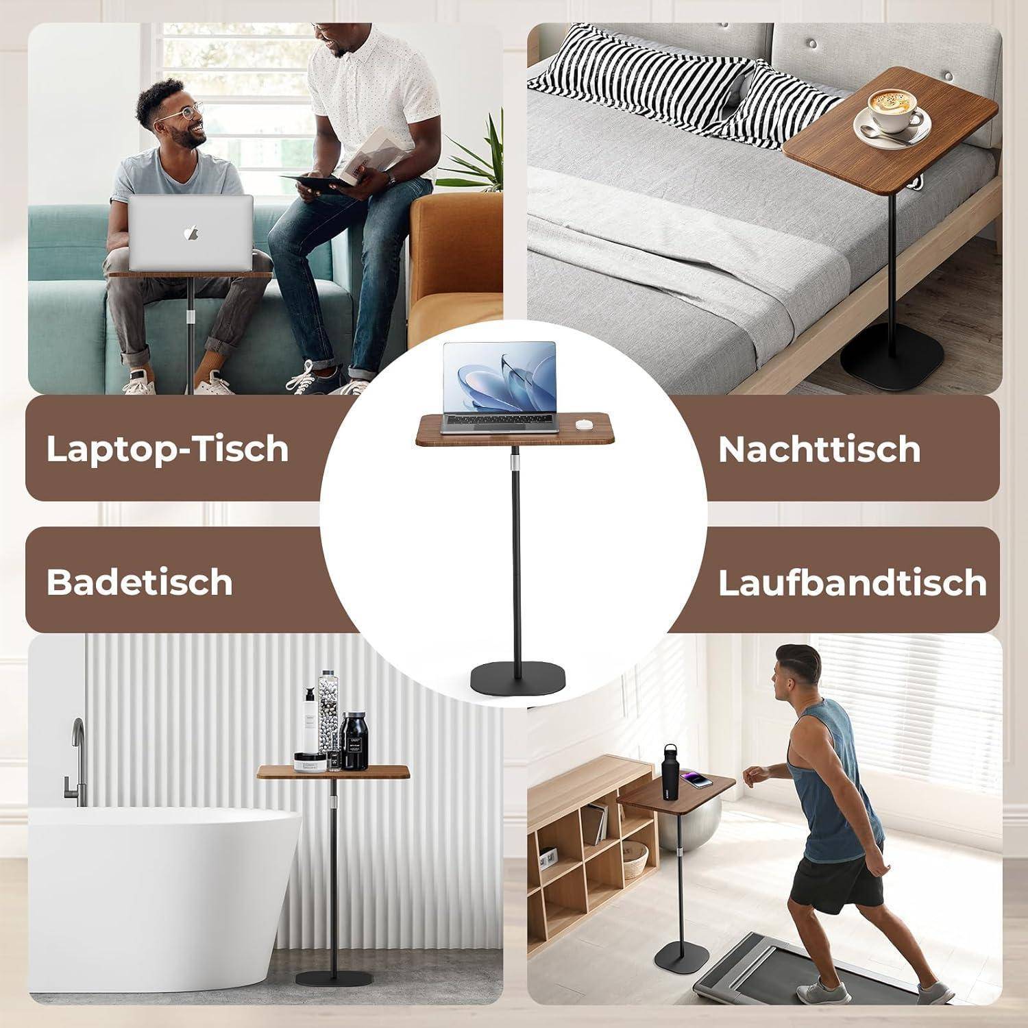 Collage mit einem vielseitigen Tisch, der als 'Laptop-Tisch', 'Nachttisch', 'Badetisch' und 'Laufbandtisch' in verschiedenen Wohnbereichen eingesetzt wird.
