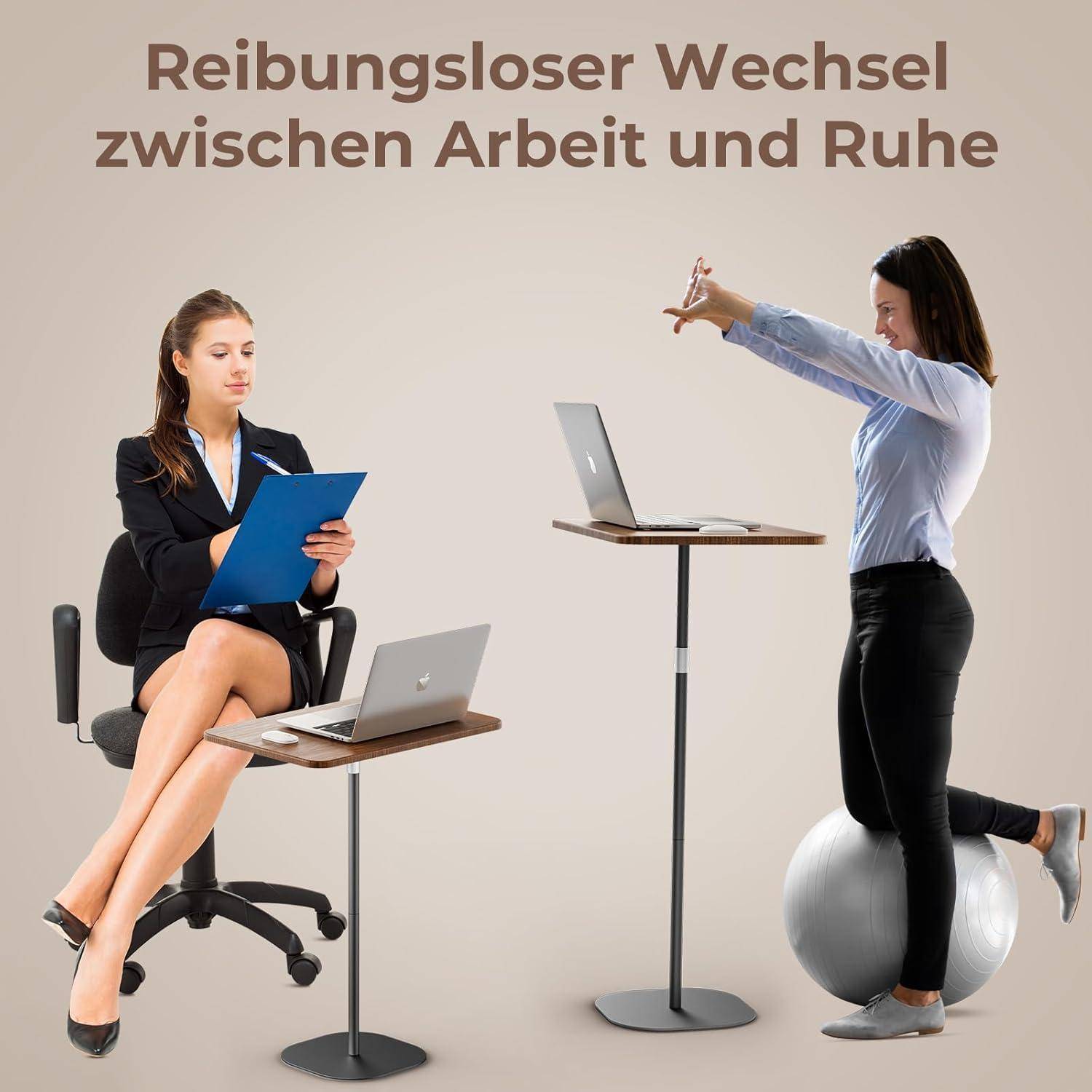 Eine Frau sitzt an einem Schreibtisch und arbeitet, eine andere steht auf einem Ball und dehnt sich aus; darüber steht der Text ‚Reibungsloser Wechsel zwischen Arbeit und Ruhe.
