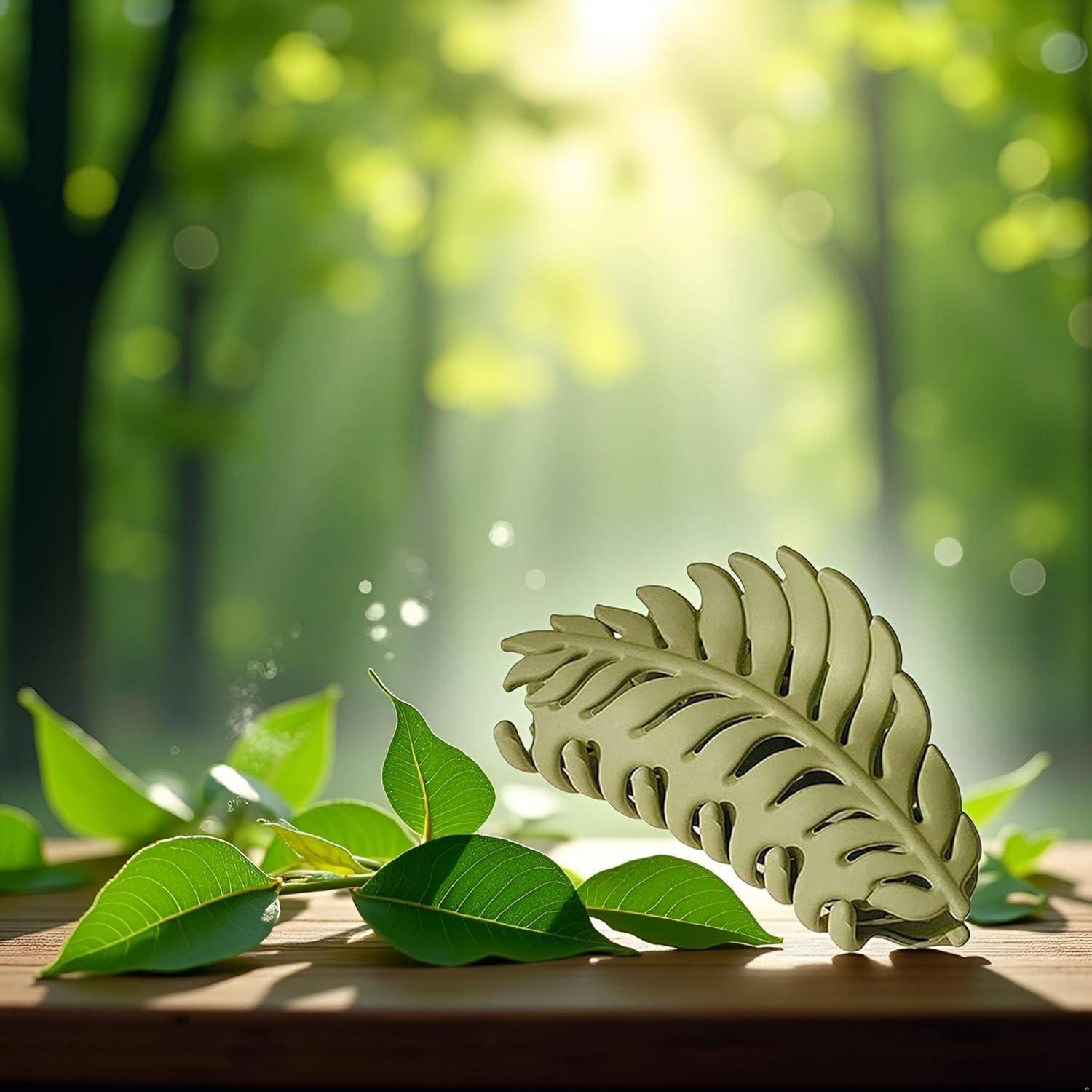 Eine kleine Spielzeugdinosaurier zwischen grünen Blättern auf einer Holzoberfläche, eingebettet in eine sonnendurchflutete Waldlandschaft.