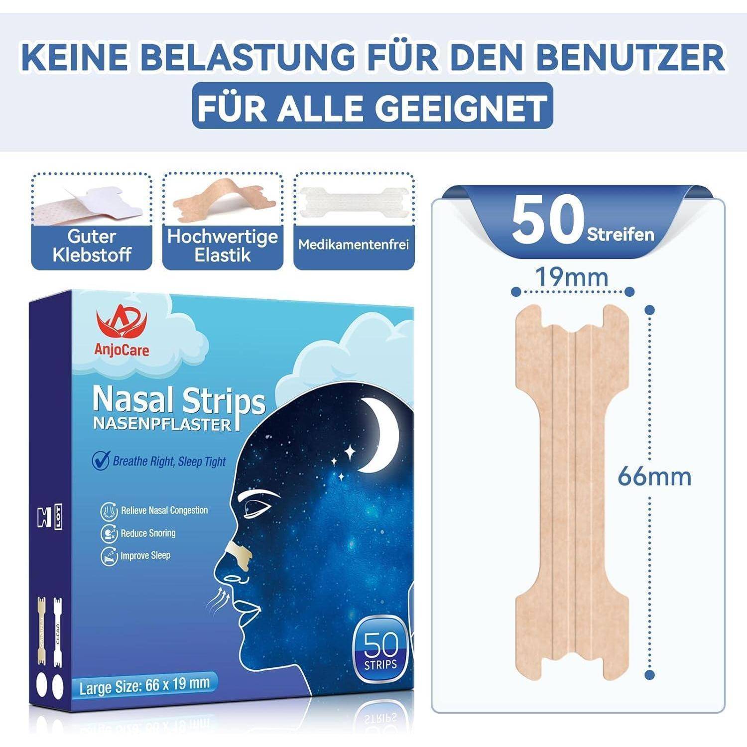 Packung von Nasenpflastern mit Illustrationen, die besseres Atmen während des Schlafes darstellen. Text lautet: 