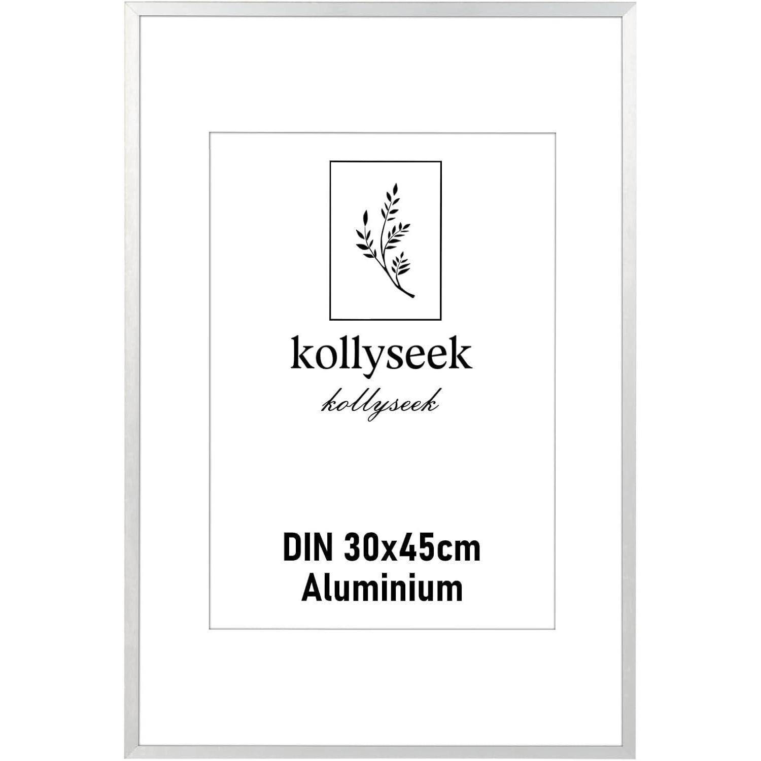 Das Bild zeigt einen Kollyseek Aluminiumrahmen mit den Abmessungen DIN 30x45 cm, der ein minimalistisches Blattdesign oberhalb des Markennamens aufweist.