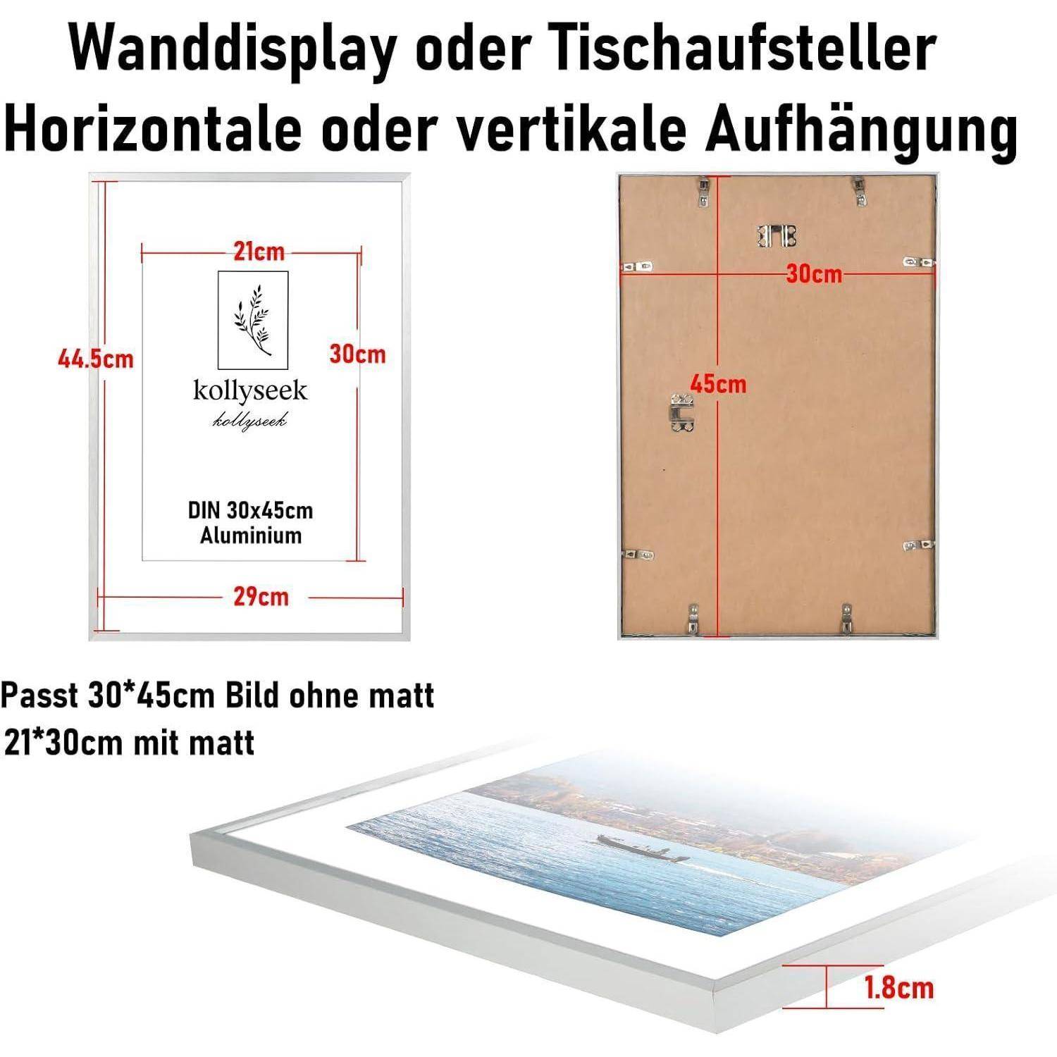 Kollyseek Aluminium-Bilderrahmen für Wand oder Schreibtisch, passend für 30x45 cm mit Passepartout oder 21x30 cm ohne. Horizontal/vertikal aufhängbar, 1,8 cm dick.