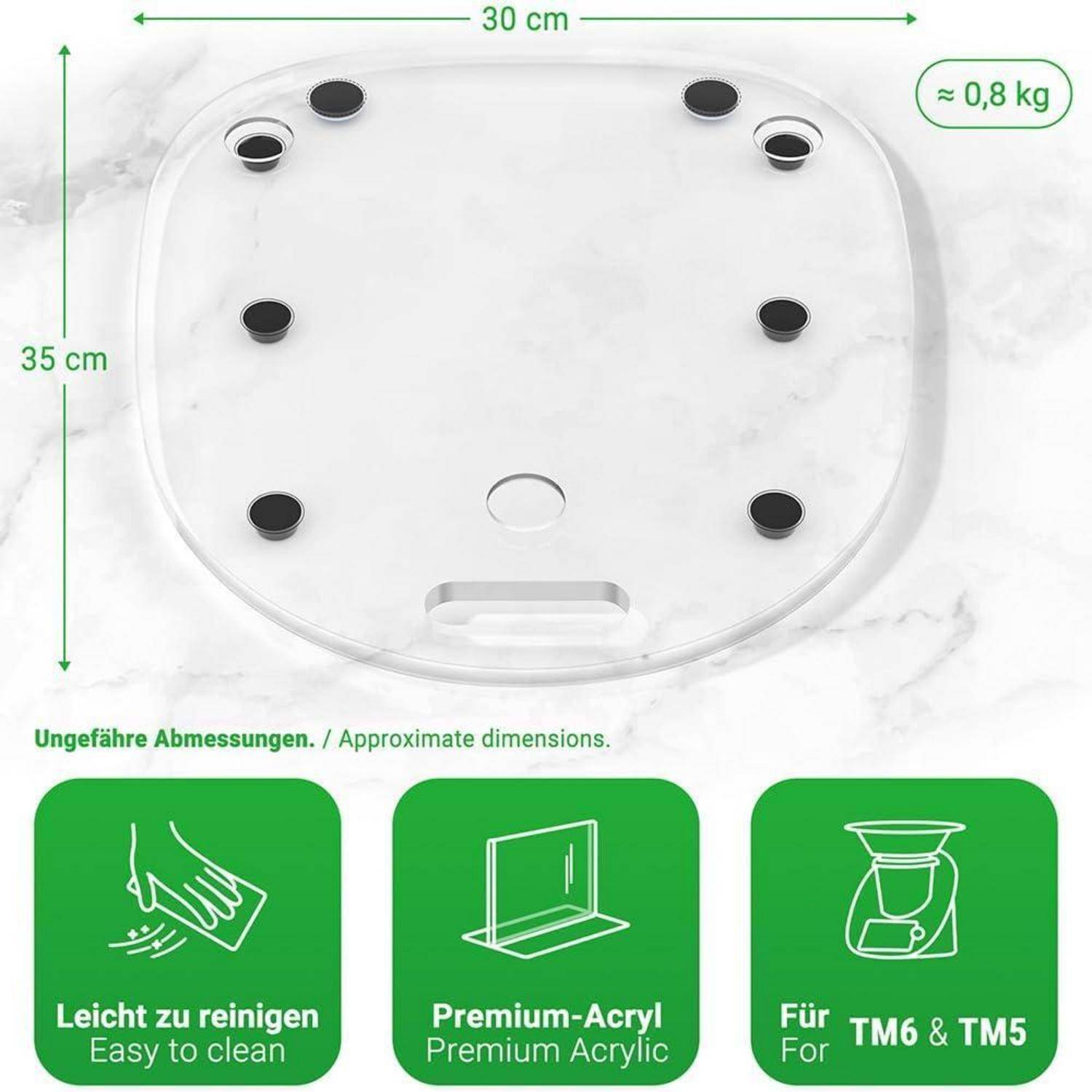 Eine transparente Plattform mit den Abmessungen 30x35 cm, Gewicht 0,8 kg, geeignet für TM6 und TM5, leicht zu reinigen, hergestellt aus hochwertigem Acryl.