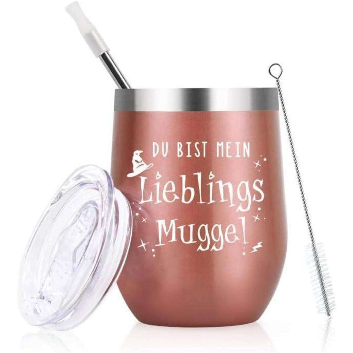 Roségoldener Tumbler mit Strohhalm und Deckel, versehen mit dem Text 'Du bist mein Lieblings Muggel' und magisch-thematischen Symbolen.