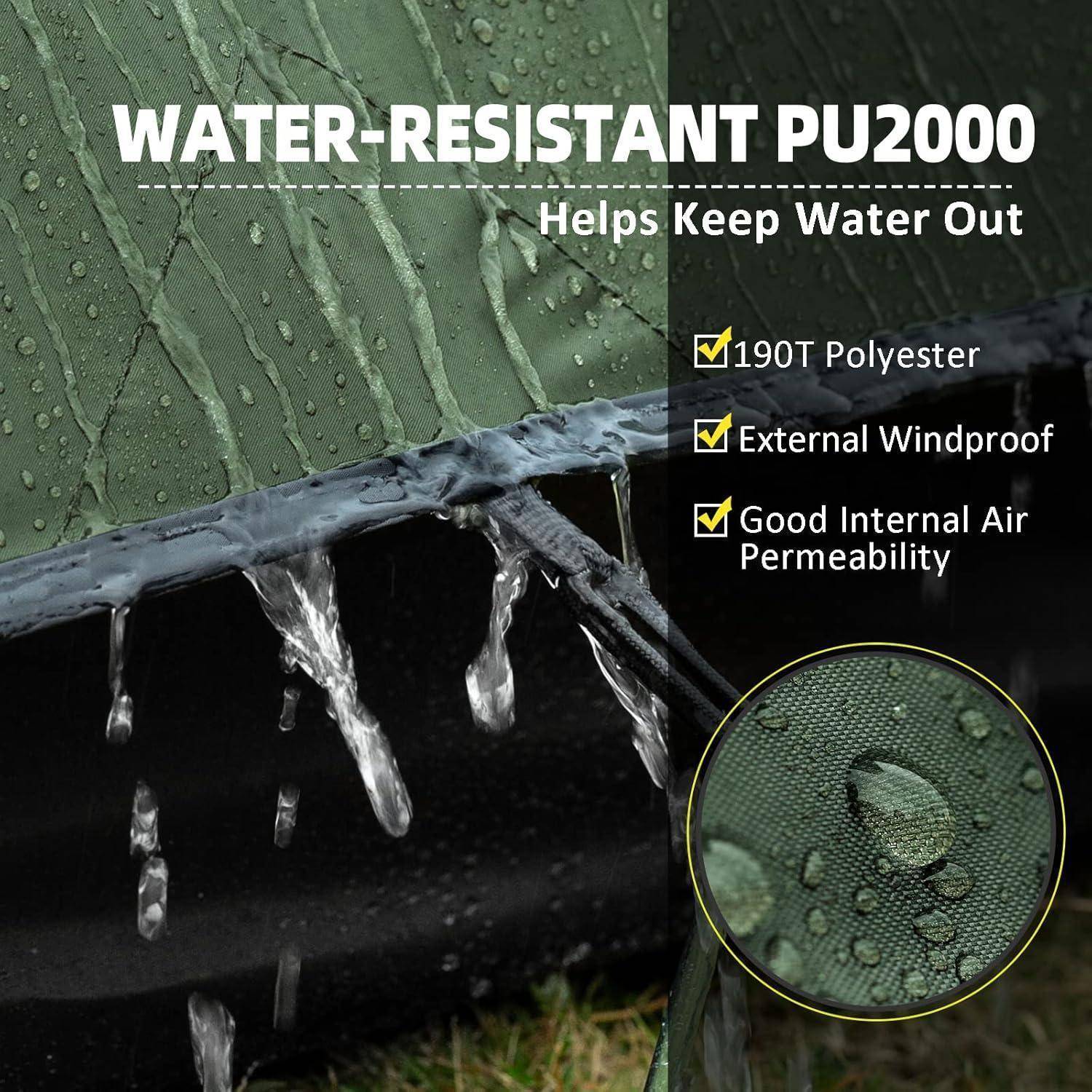 Zelt aus wasserdichtem PU2000-Material, das Wasser abweist. Zu den Merkmalen gehören 190T Polyester und gute innere Luftdurchlässigkeit.