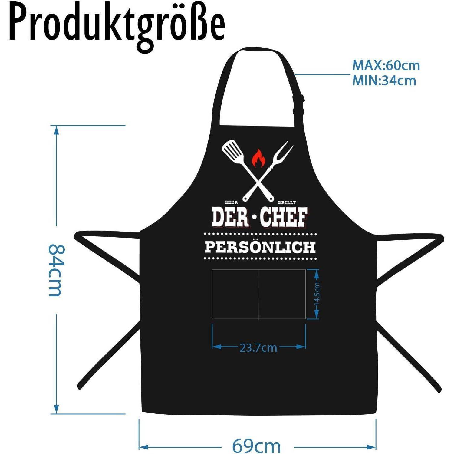 Schwarze Kochschürze mit Aufschrift 'Der Chef persönlich' und Design von Küchenutensilien. Maße: 84 cm Länge, 69 cm Breite an der Basis.