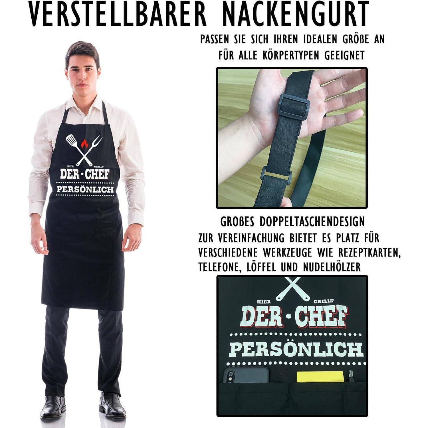 Ein Mann trägt eine Schürze mit der Beschriftung „Der Chef Persönlich