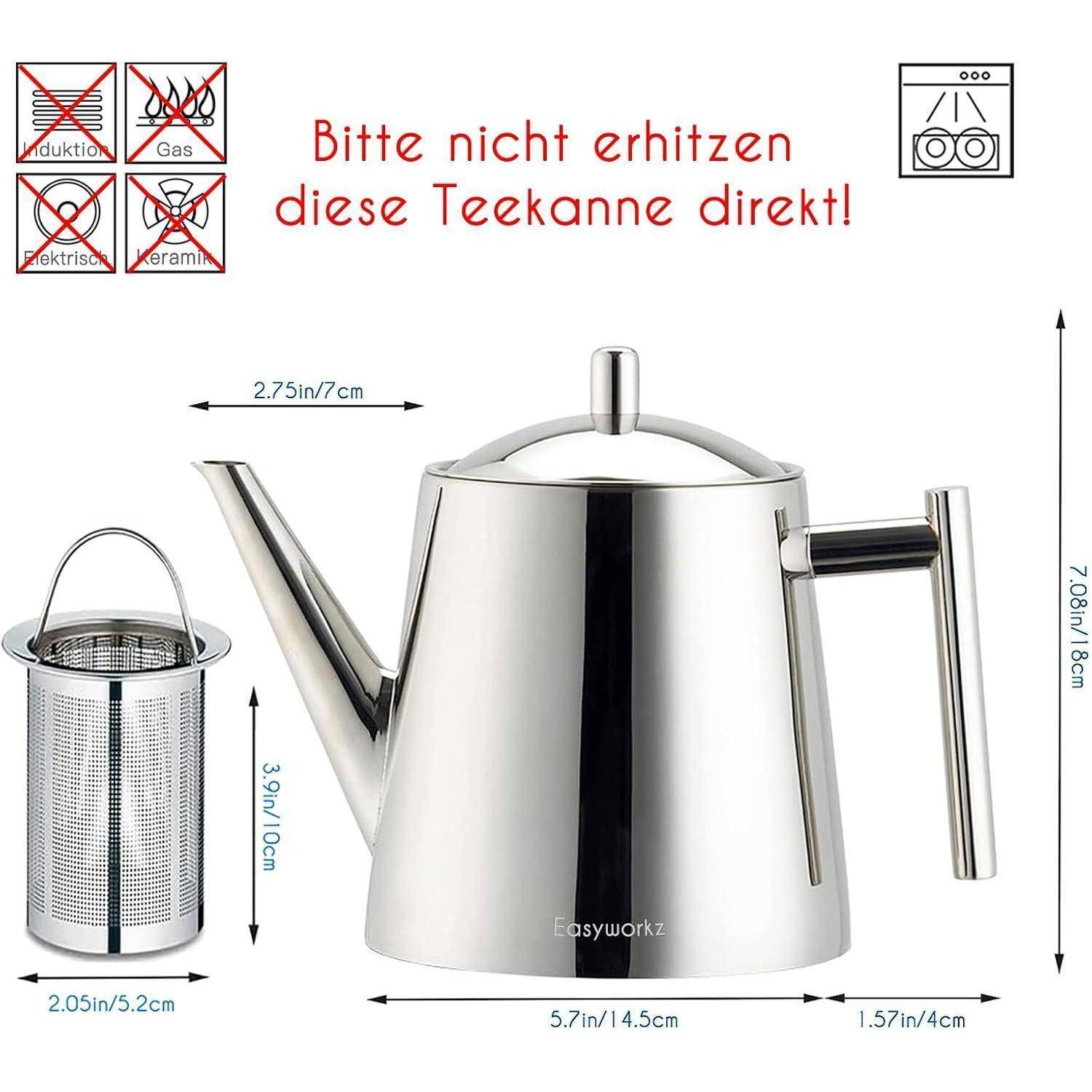 Ein Edelstahlteekessel und Sieb mit markierten Abmessungen. Deutscher Text oben liest sich: 'Bitte nicht erhitzen diese Teekanne direkt!