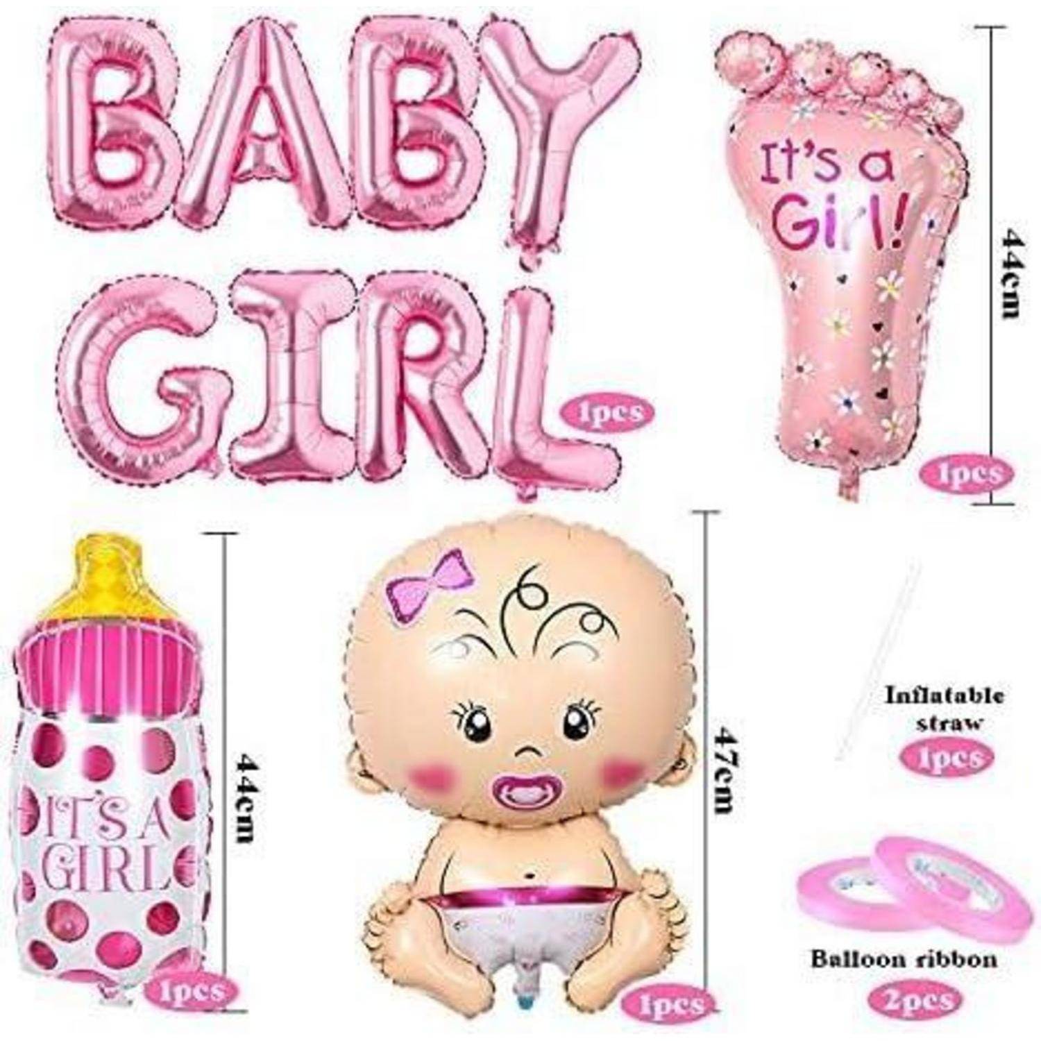 Rosa Babyparty-Dekorationen einschließlich 'BABY GIRL' Luftballons, eines fußförmigen Luftballons mit 'Es ist ein Mädchen!', einer Babyflasche und einer Babyfigur.