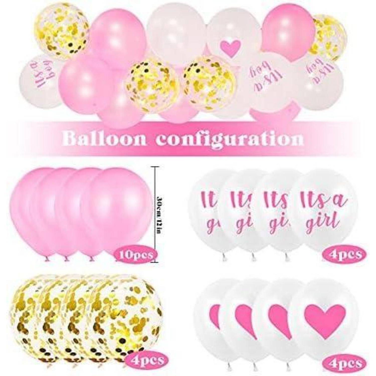 Ballonkonfiguration mit rosa, weißen und goldenen Luftballons. Text auf einigen Luftballons liest sich „Es ist ein Mädchen