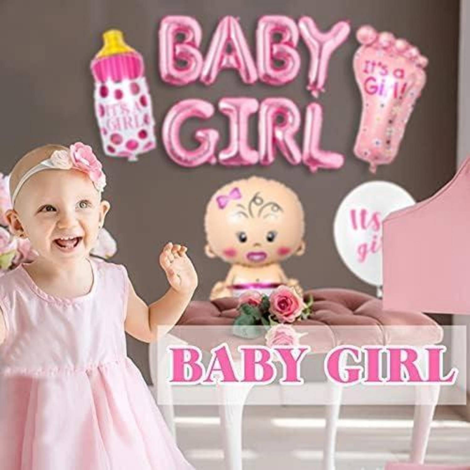 Ein lachendes Baby in einem rosa Kleid mit Luftballons, die 'BABY GIRL' buchstabieren, und Dekorationen zur Feier der Geburt eines Mädchens.
