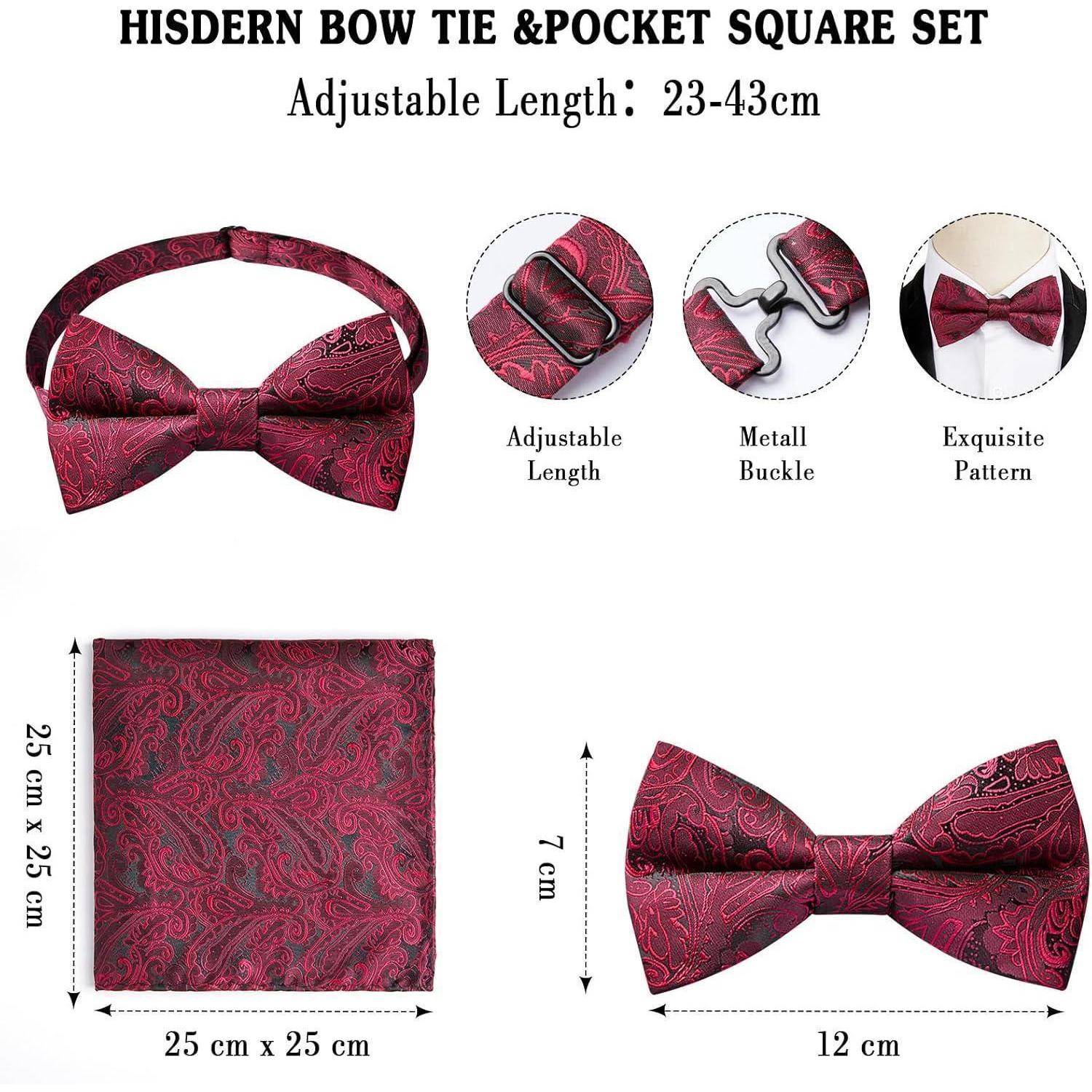 Hisdern Fliege & Einstecktuch Set' mit rotem Paisley-Muster. Verstellbare Länge: 23-43 cm, Metallschnalle, exquisites Muster. Fliege Größe: 7 cm, Einstecktuch: 25 x 25 cm.