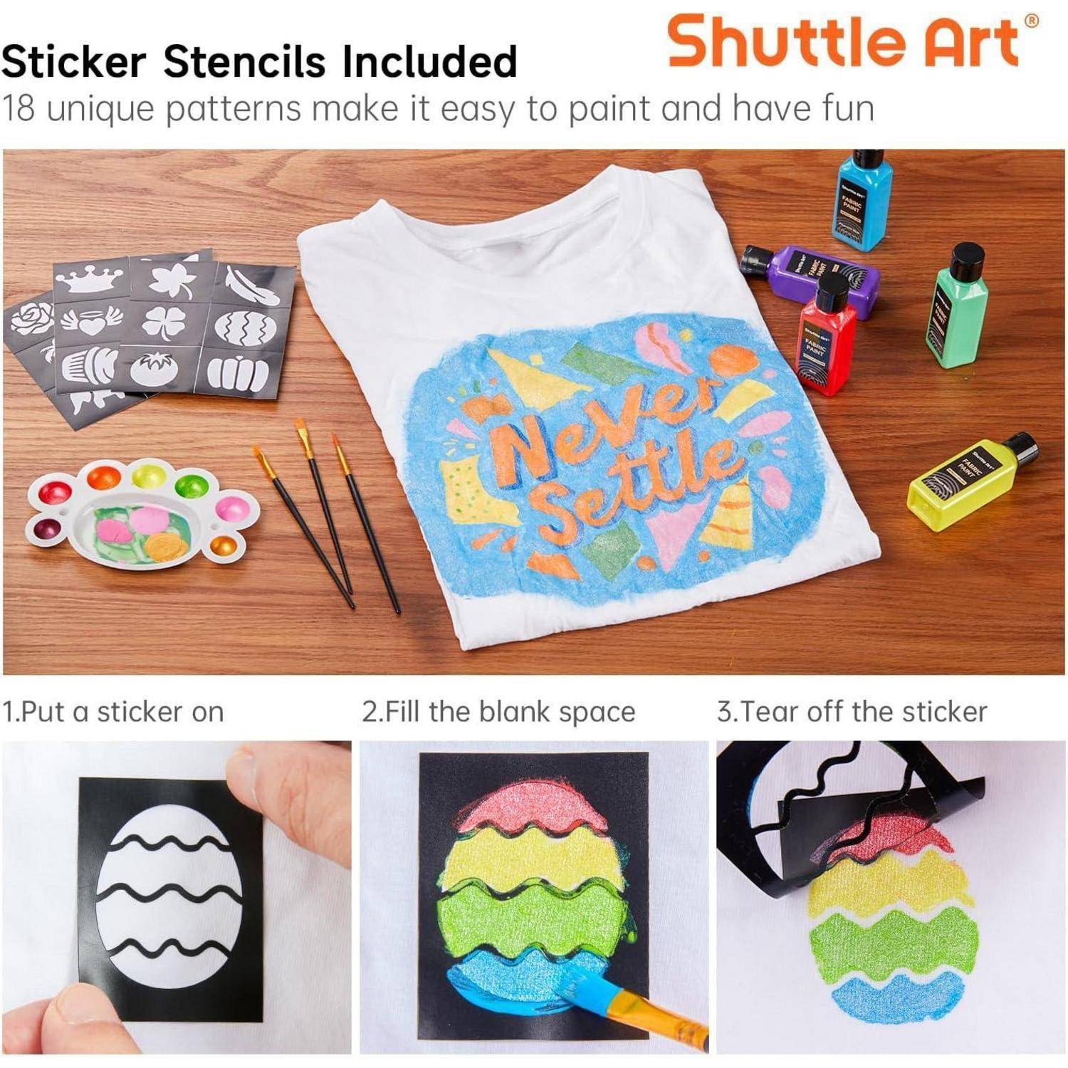 Shuttle Art Stoffmalset mit einem weißen T-Shirt mit buntem 