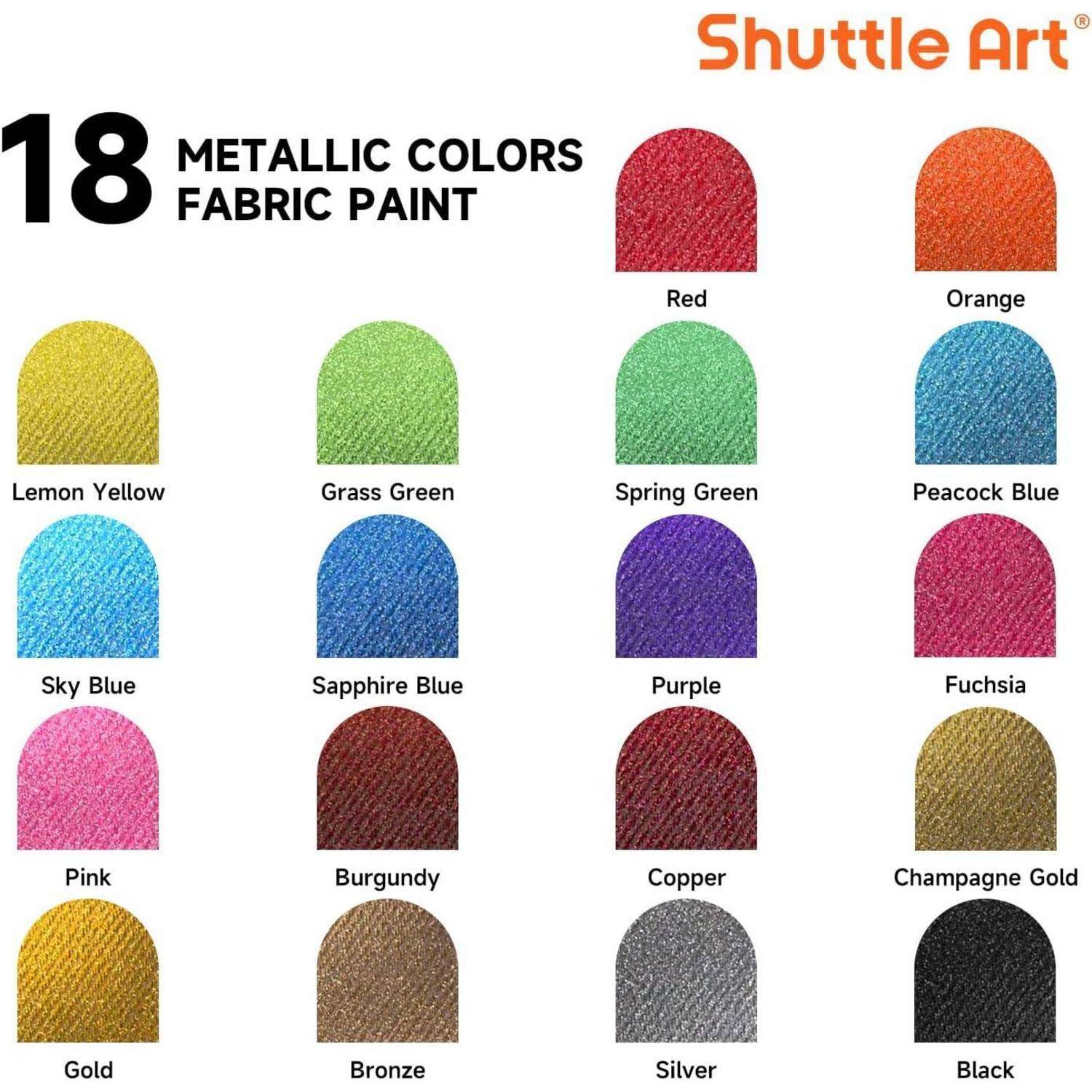 Achzehn metallische Farben von Stoffmalfarben von Shuttle Art werden präsentiert, darunter Schattierungen wie Rot, Himmelblau, Gold, Silber und Schwarz.