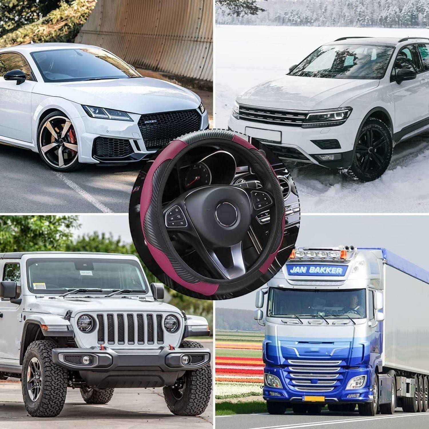 Collage von vier Fahrzeugen: ein sportliches weißes Auto, ein SUV im Schnee, ein Jeep auf einer Straße und ein blauer Lastwagen. Lenkrad in der Mitte.