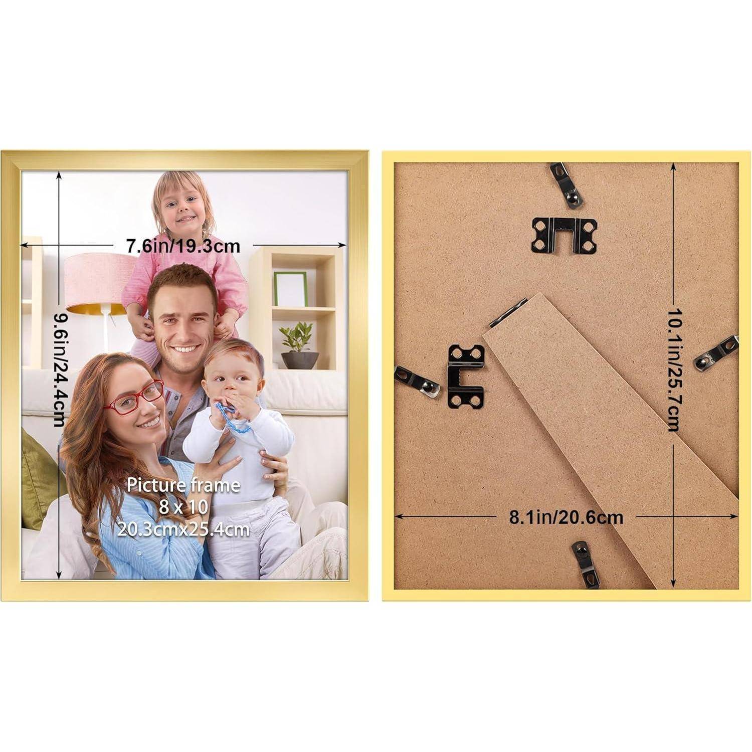 Bilderrahmen-Abmessungen: Frontansicht mit einem Familienfoto in der Größe 8x10 Zoll (20,3x25,4 cm), Rückansicht mit Rahmenhalterungen.