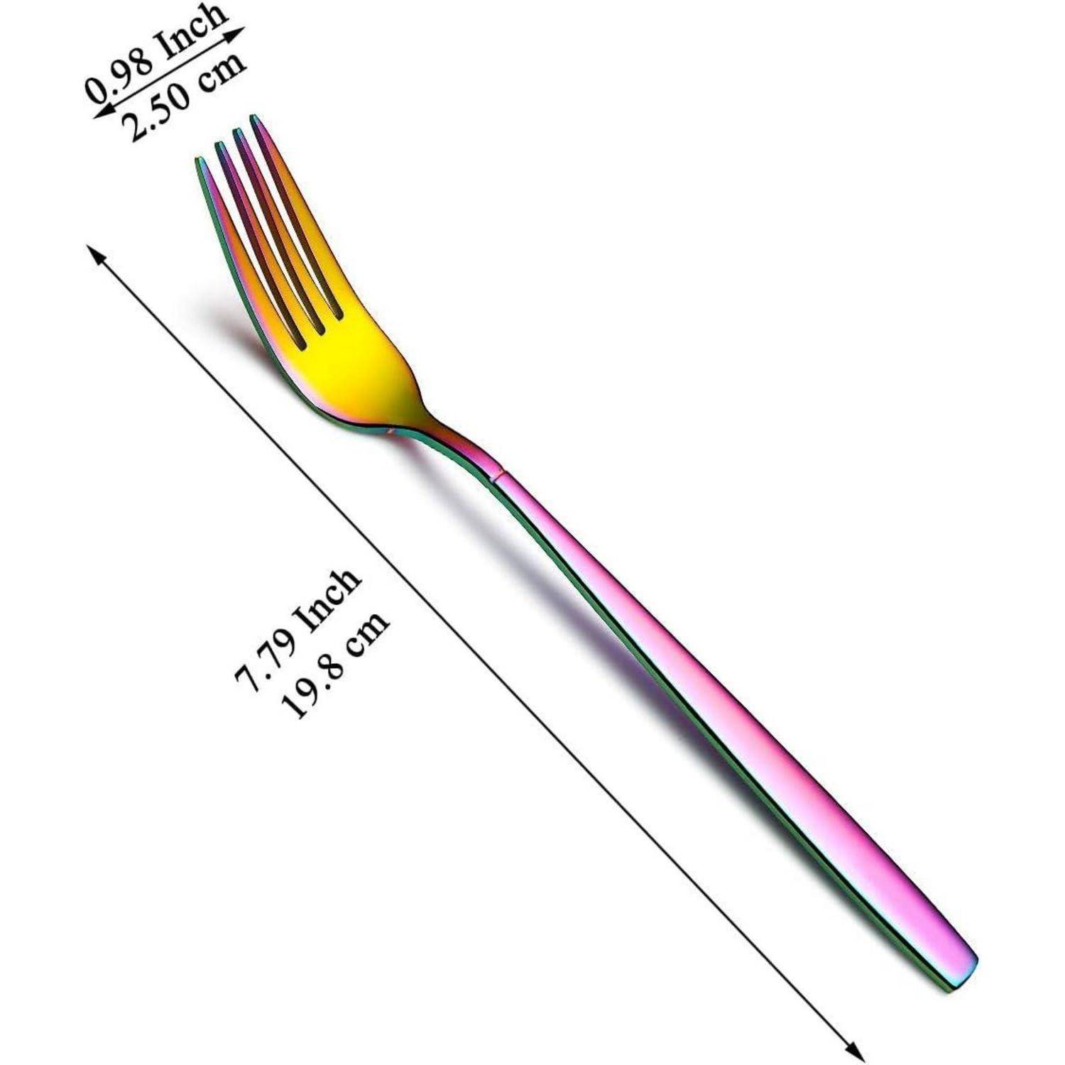 Eine mehrfarbige Gabel wird diagonal dargestellt, mit Pfeilen, die ihre Abmessungen anzeigen: 0,98 Zoll (2,50 cm) breit und 7,79 Zoll (19,8 cm) lang.