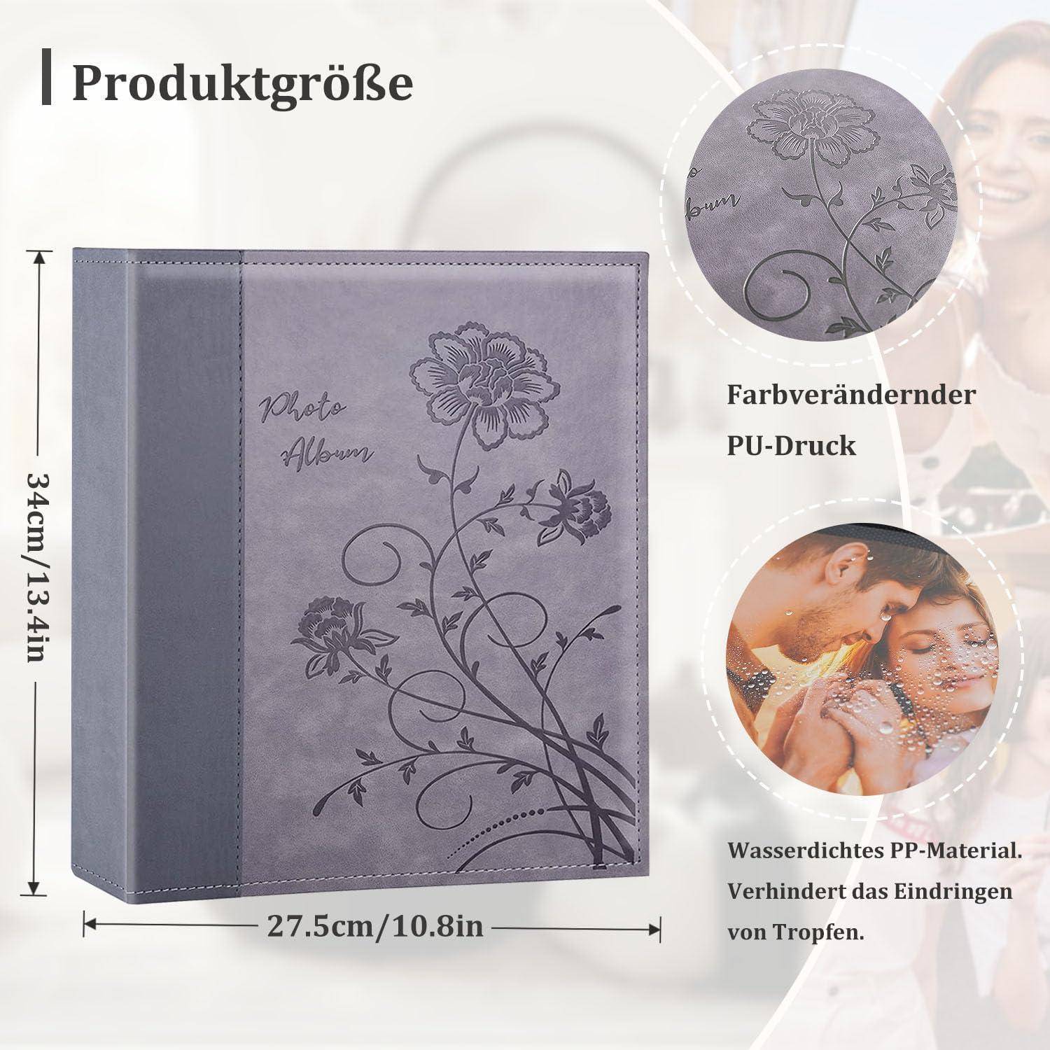 Ein Fotoalbum mit floralen Designs, beschriftet mit 'Produktgröße'. Abmessungen: 34 cm x 27,5 cm. Ausgestattet mit farbwechselndem Aufdruck, wasserdichtem Material.