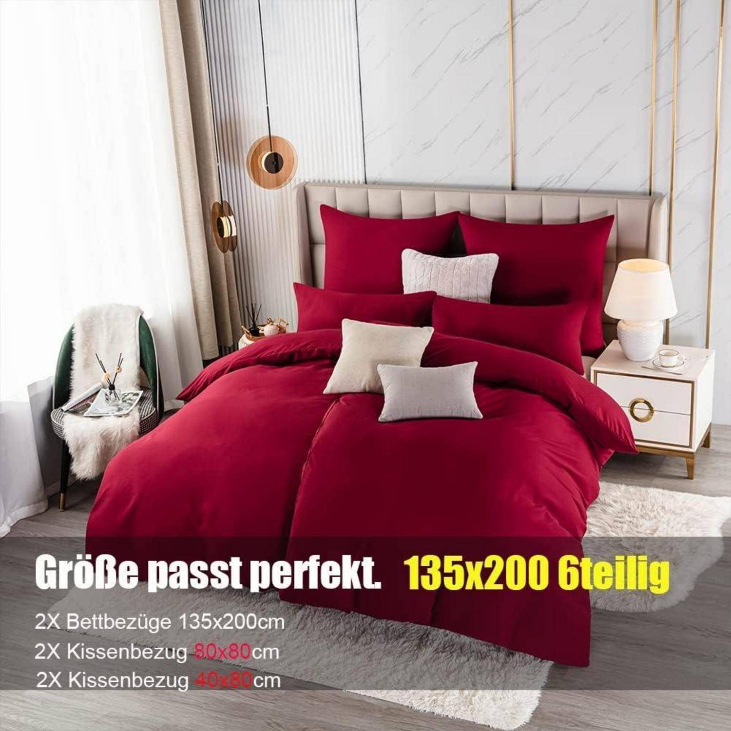 Bettwäsche 135x200 6teilig Rot 2 6 tlg. 135 x 200 cm 07 - Rot