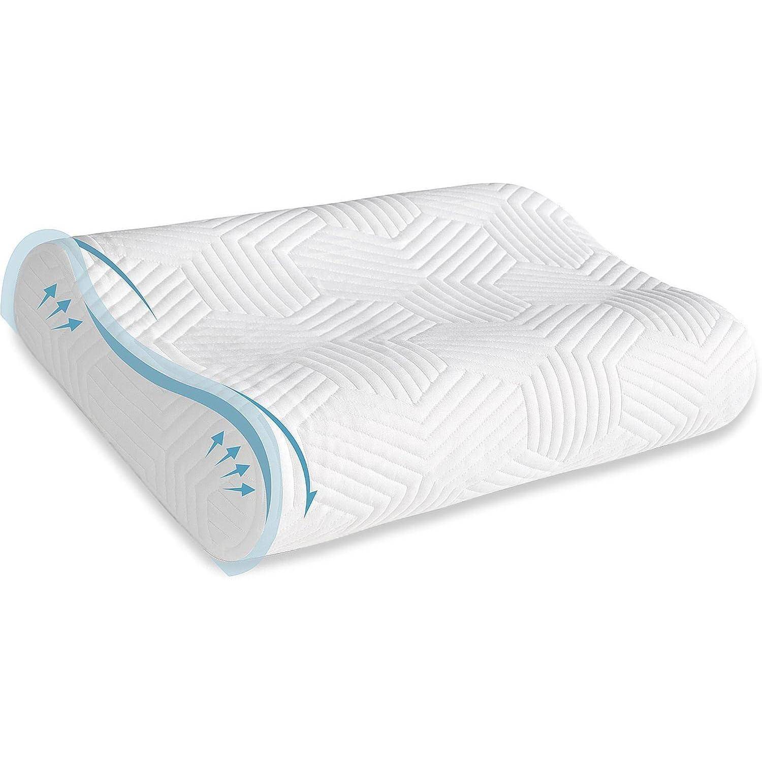 Ergonomisches Memory-Foam-Kissen mit atmungsaktiver weißer Bezug, das eine konturierte Unterstützung für Nacken und Kopf bietet und den Schlafkomfort verbessert.