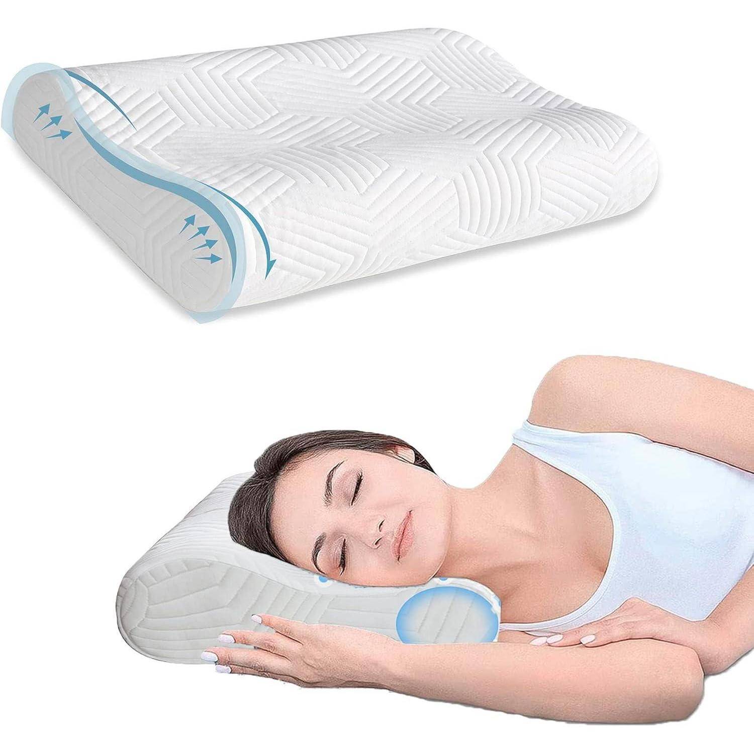 Eine Frau schläft bequem auf einem konturierten Memory-Foam-Kissen mit Kühlwellen-Design, das eine optimale Unterstützung für Kopf und Nacken demonstriert.