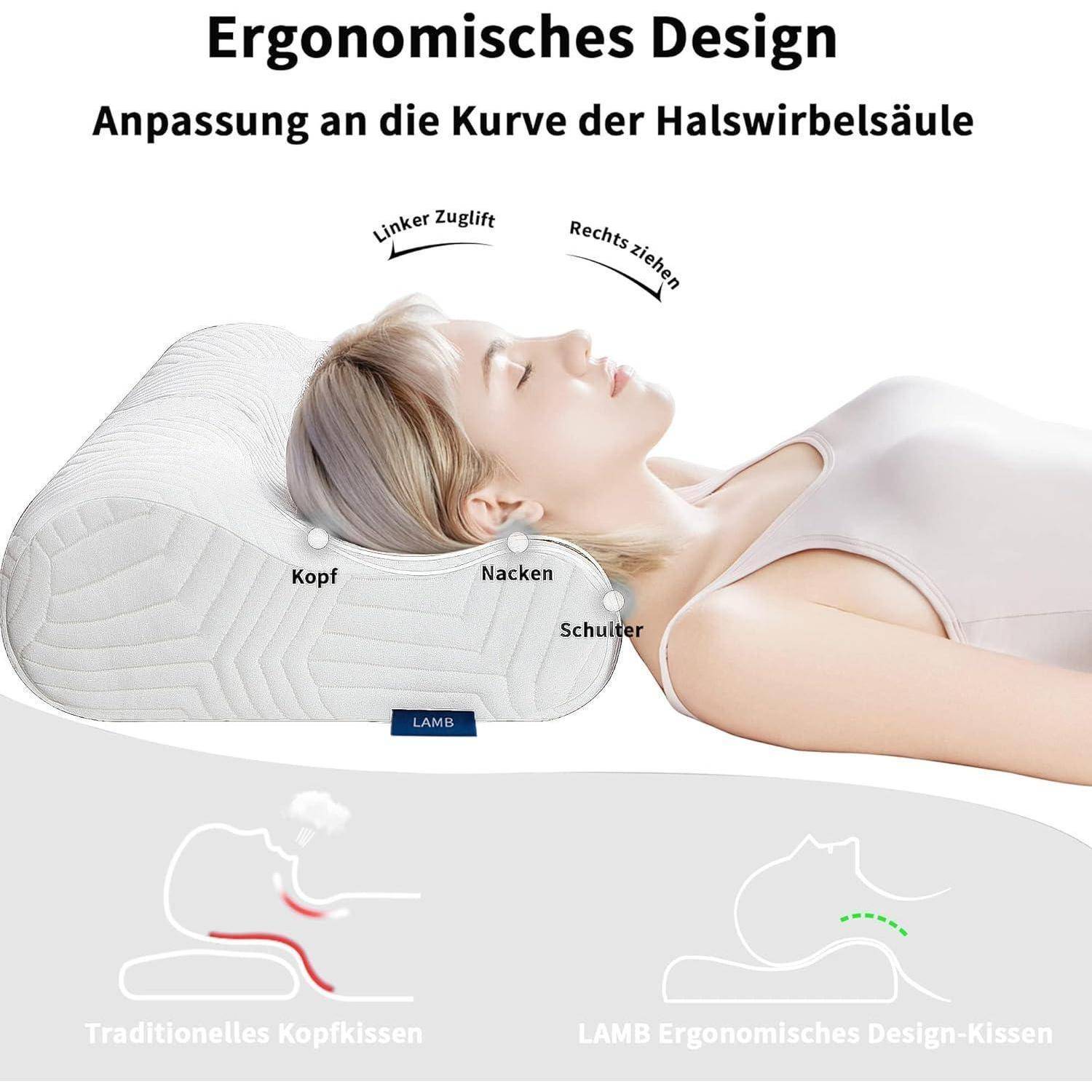 Ergonomisches Design zur Anpassung an die Kurve der Halswirbelsäule zeigt eine Frau, die auf einem ergonomischen Kissen liegt, das Nacken und Schultern unterstützt.