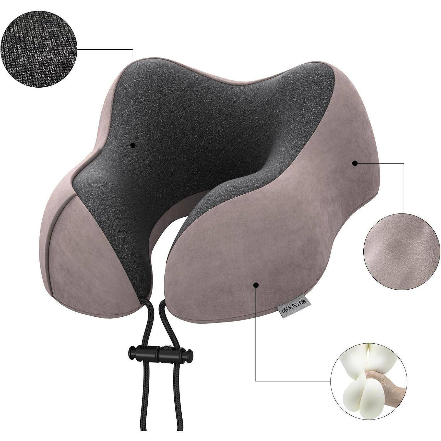 Nackenkissen mit grauem und schwarzem ergonomischen Design, verstellbarem Gurt und Detailansichten, die weichen, glatten Stoff und Memory-Schaum-Textur zeigen.