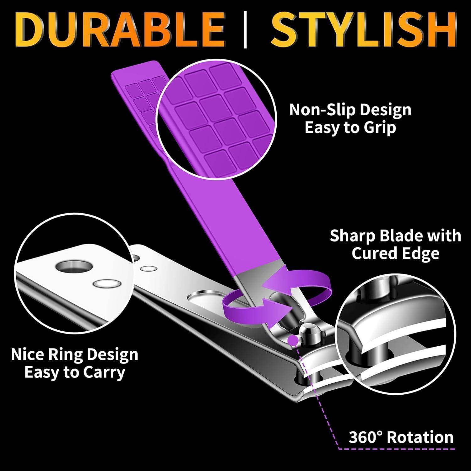 Nagelschere mit violettem Griff mit rutschfester Oberfläche, scharfer Klinge mit geschliffener Kante und 360°-Drehung. Leicht zu transportieren durch das Ringdesign.
