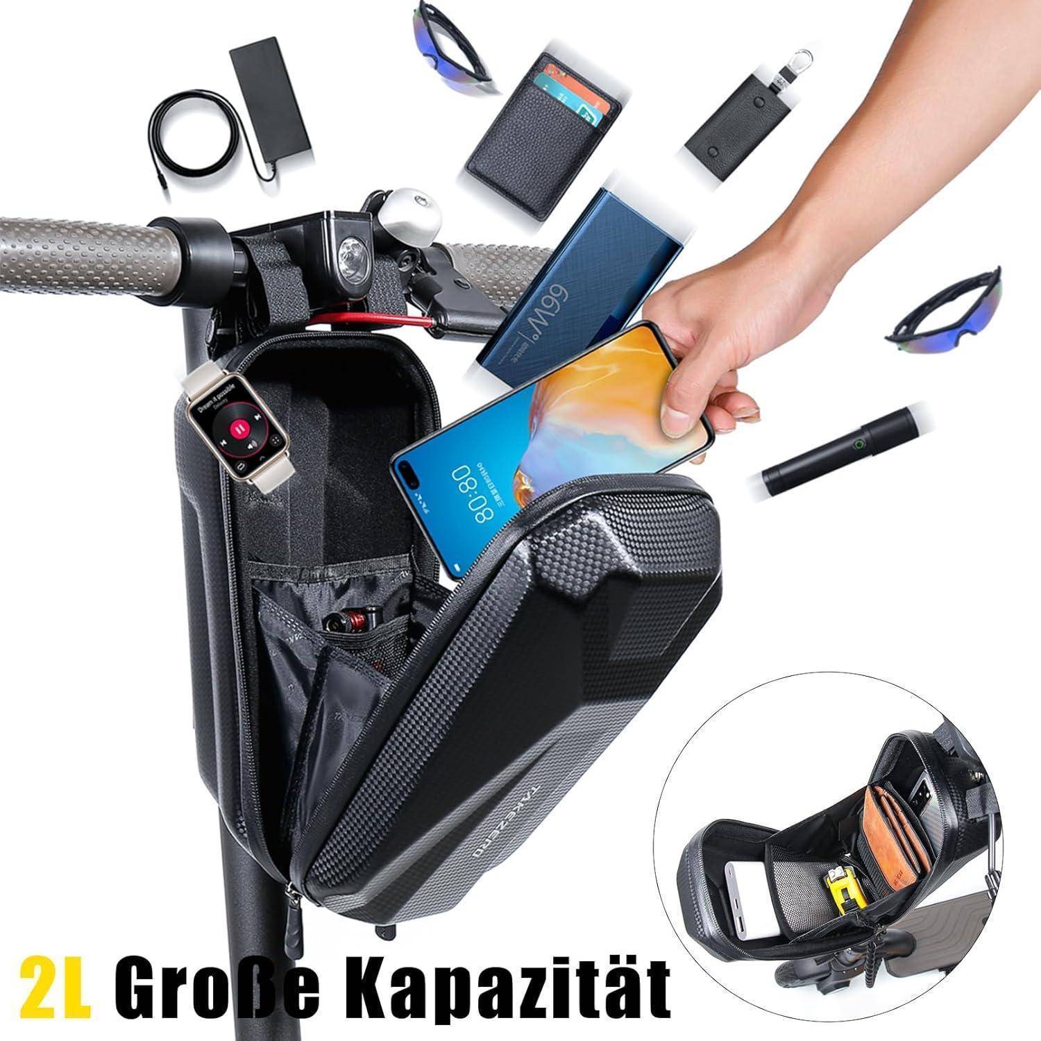 Roller-Lenkertasche mit 2L Fassungsvermögen, die Platz für Handy, Powerbank, Geldbörse und Sonnenbrille bietet. Text lautet: 2L Große Kapazität.