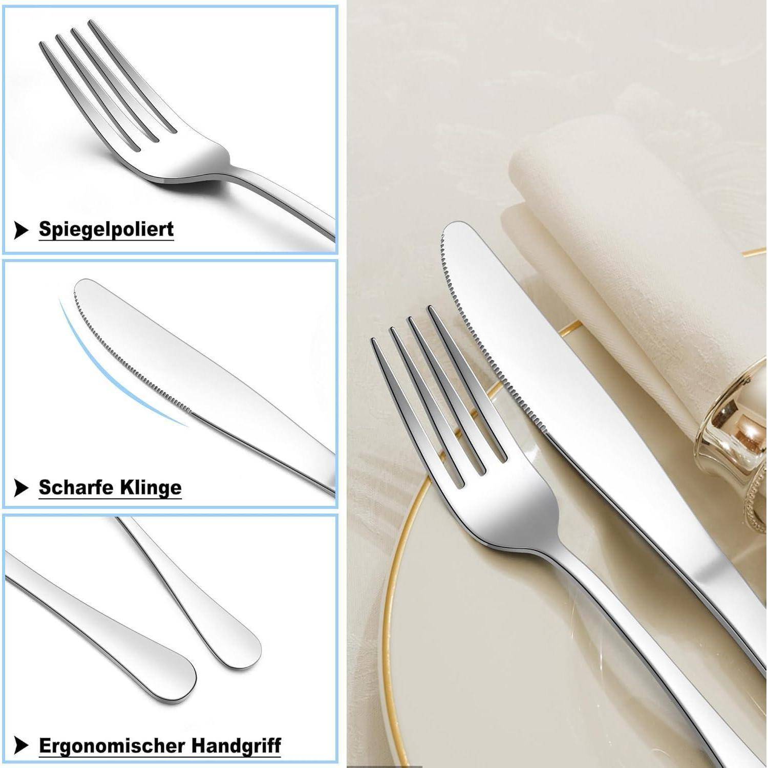 Ein Set aus glänzendem Silberbesteck, bestehend aus Gabel und Messer, mit hervorgehobenen Merkmalen: 'Spiegelpoliert', 'Scharfe Klinge', 'Ergonomischer Handgriff'.