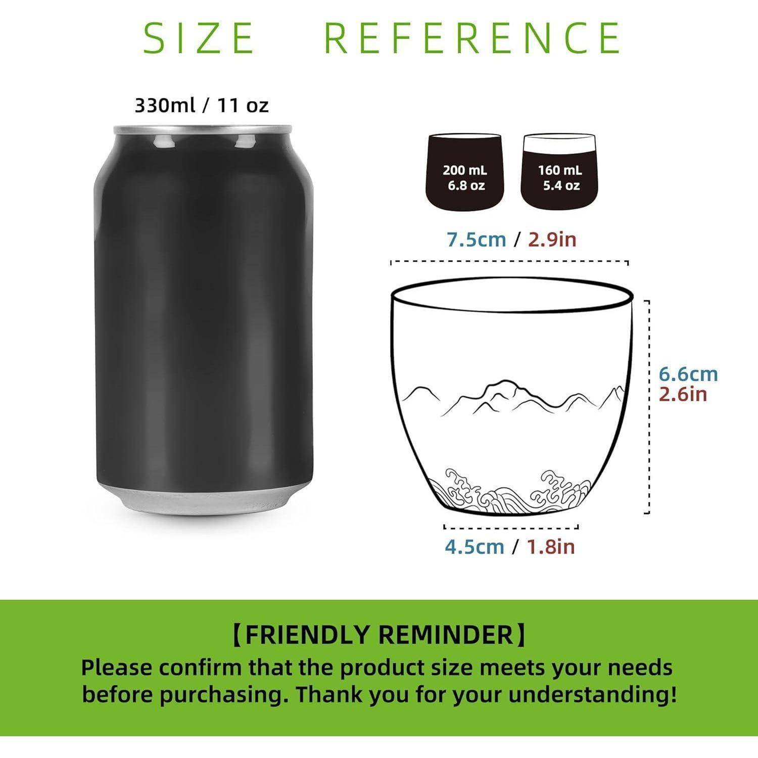 Größenvergleich einer 330ml (11 oz) Dose gegenüber zwei kleineren Tassen, 200ml (6.8 oz) und 160ml (5.4 oz). Erinnerung zur Überprüfung der Produktgröße.