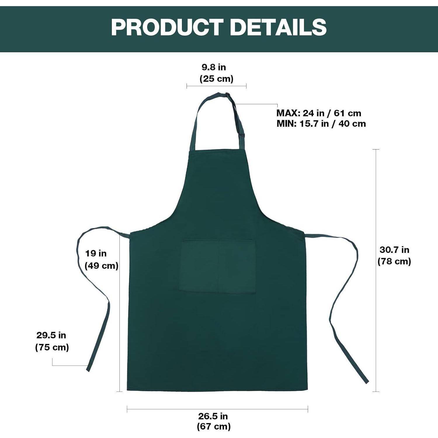 Produktdetails': Bild einer grünen Schürze mit markierten Abmessungen. Schürzenbreite beträgt 26,5 Zoll (67 cm), Höhe 30,7 Zoll (78 cm) und Nackengurt verstellbar von 15,7 Zoll (40 cm) bis 24 Zoll (61 cm).