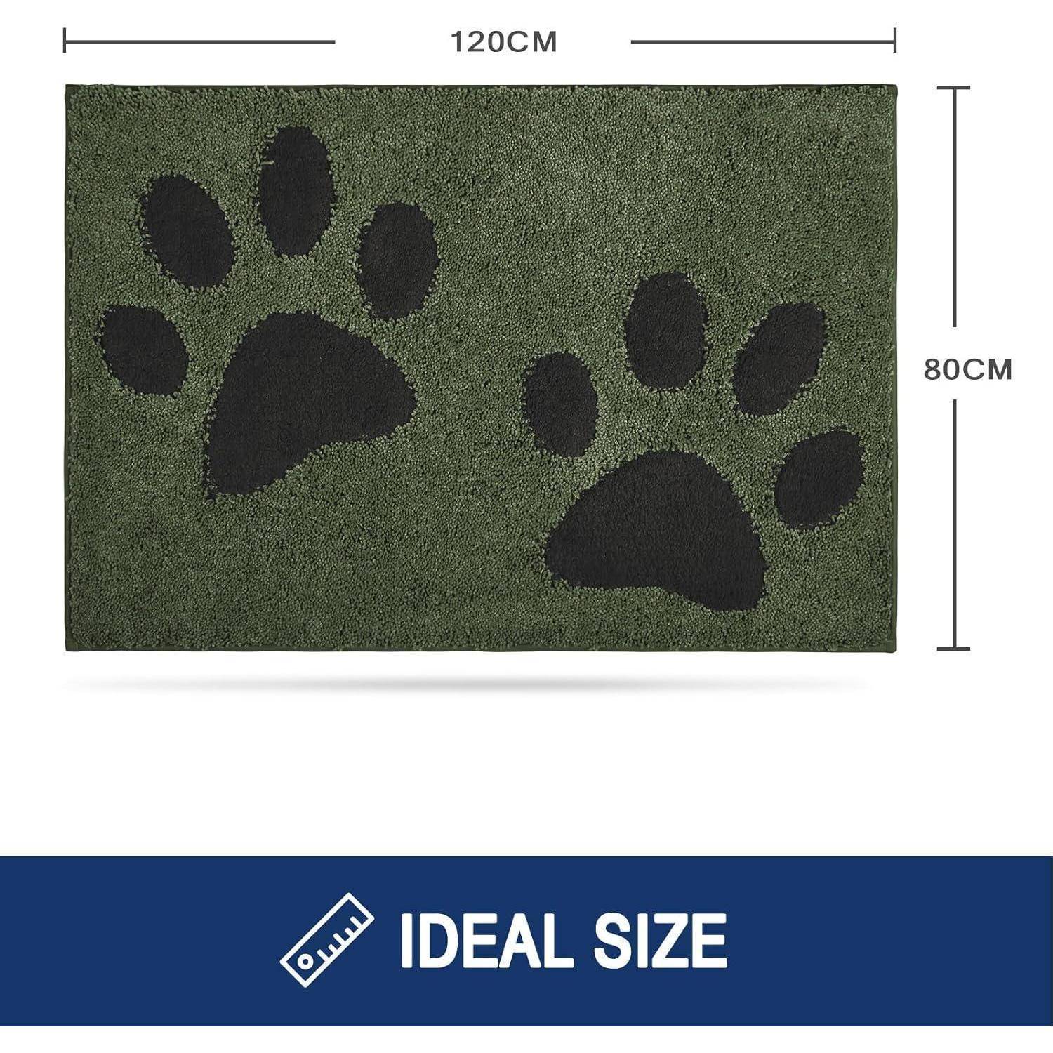Rechteckige grüne Türmatte mit schwarzen Pfotenabdrücken, misst 120 cm x 80 cm. Text darunter liest sich „Ideale Größe