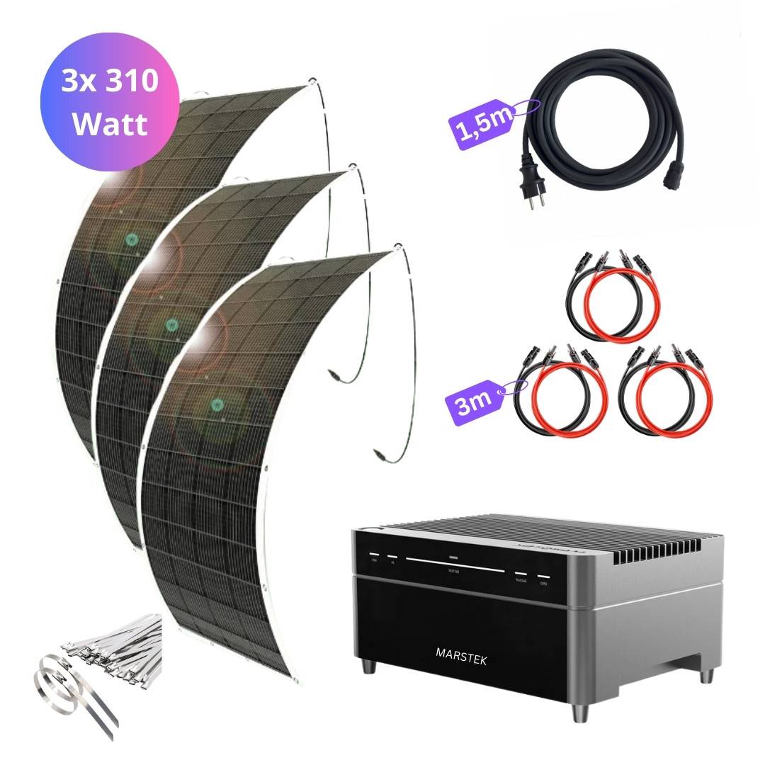 Solarmodul-Set mit drei 310-Watt-Modulen, einem Wechselrichter, Kabeln (1,5 m und 3 m) sowie Befestigungsmaterial, auf weißem Hintergrund angeordnet.