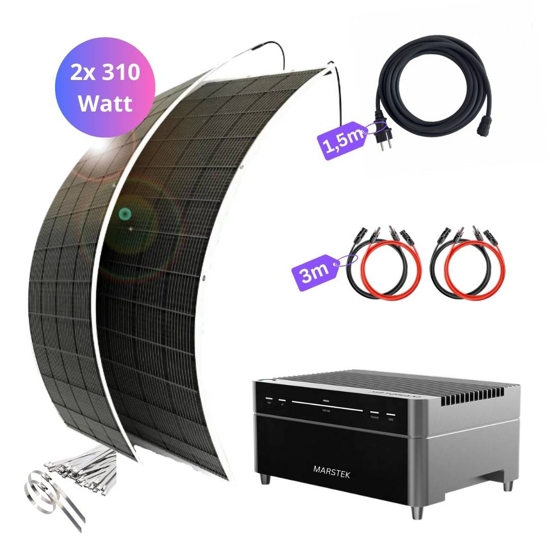 Solarstrom-Set mit zwei 310-Watt-Solarmodulen mit Krümmung, einem 1,5m-Kabel, 3m roten und schwarzen Kabeln, Anschlüssen und einem Marstek-Wechselrichter.